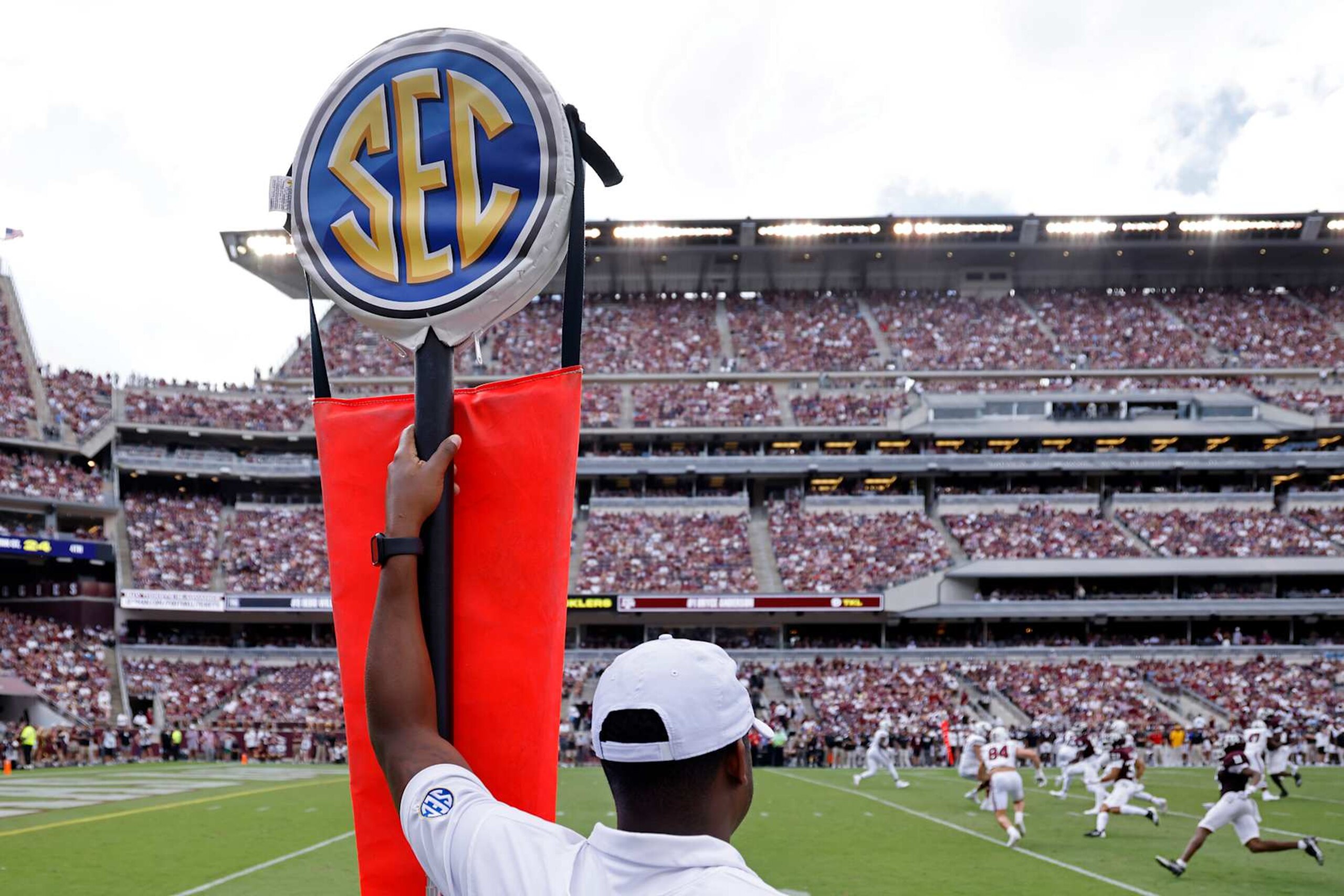 COLLEGE STATION, TX - OCTOBER 28: General view of the SEC logo on a yard marker as the South Carolina Gamecocks play against the Texas A&M Aggies on October 28, 2023 at Kyle Field in College Station, Texas. (Photo by Joe Robbins/Icon Sportswire via Getty Images)