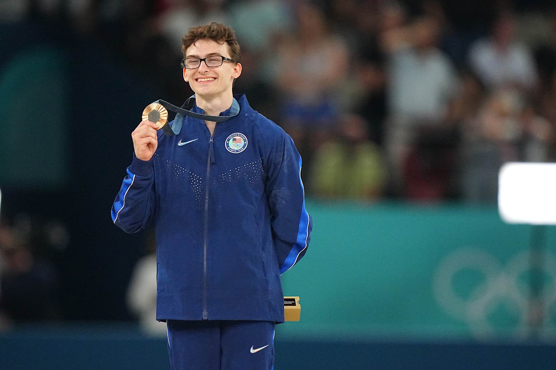 Gymnastics: 2024 Summer Olympics:  Team USA Stephen Nedoroscik in action, posing with the Bronze medal following the Men's Pommel Horse final at Bercy Arena.
Paris, France 8/3/2024
CREDIT: Erick W. Rasco (Photo by Eric W. Rasco/Sports Illustrated via Getty Images) 
(Set Number: X164569 TK1)