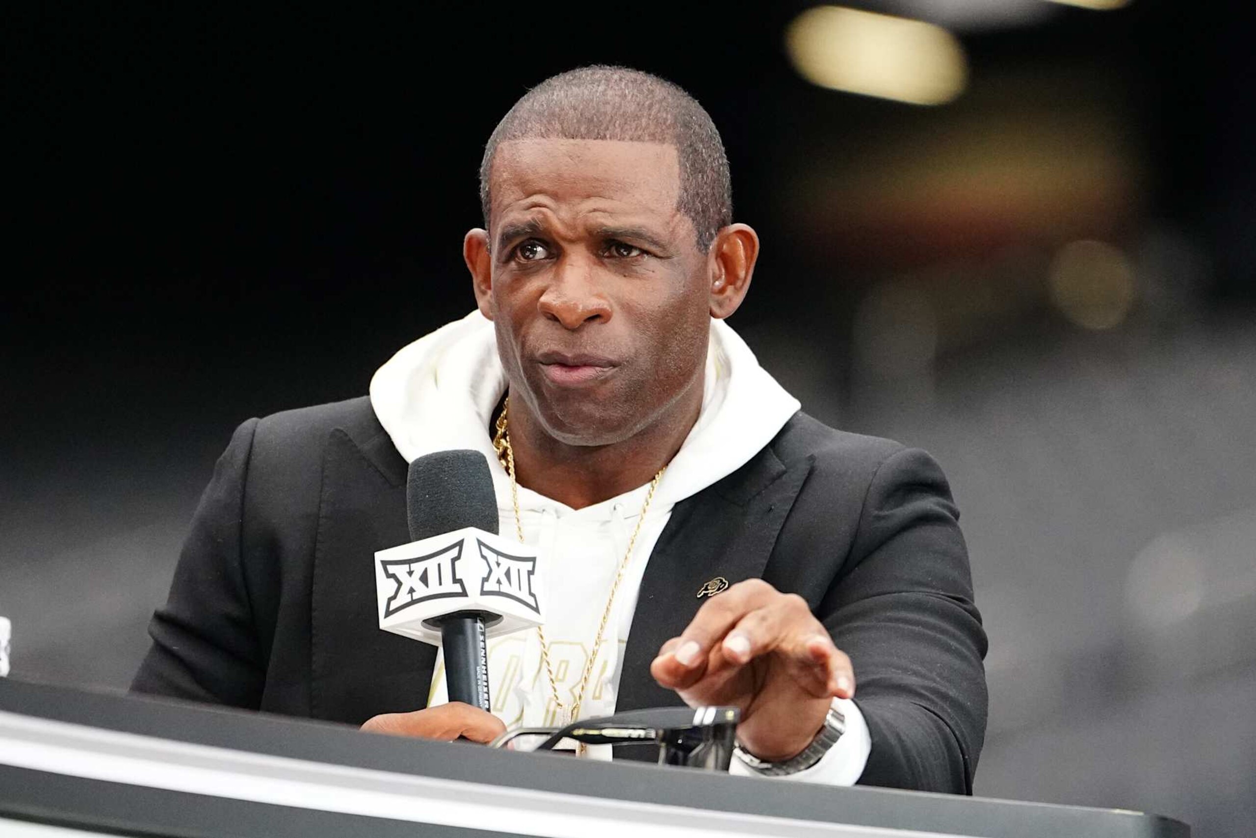 LAS VEGAS, NEVADA - JULY 10: Head Coach Deion Sanders of the Colorado Buffaloes speaks at the 2024 Big 12 Conference Football Media Day at Allegiant Stadium on July 10, 2024 in Las Vegas, Nevada. (Photo by Louis Grasse/Getty Images)