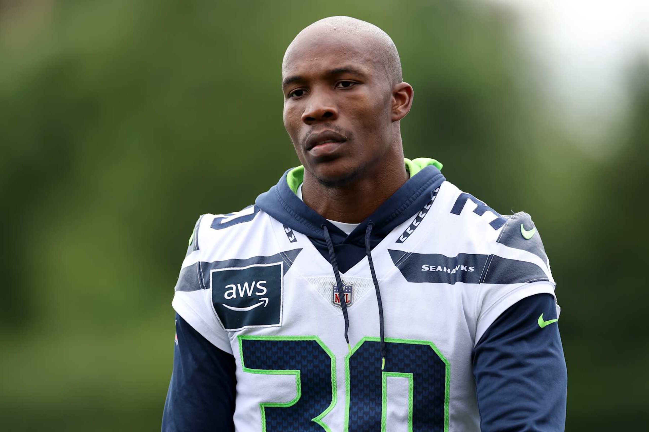 RENTON, WASHINGTON - JUNE 03: Michael Jackson #30 of the Seattle Seahawks looks on during practice at Virginia Mason Athletic Center on June 03, 2024 in Renton, Washington. (Photo by Steph Chambers/Getty Images)