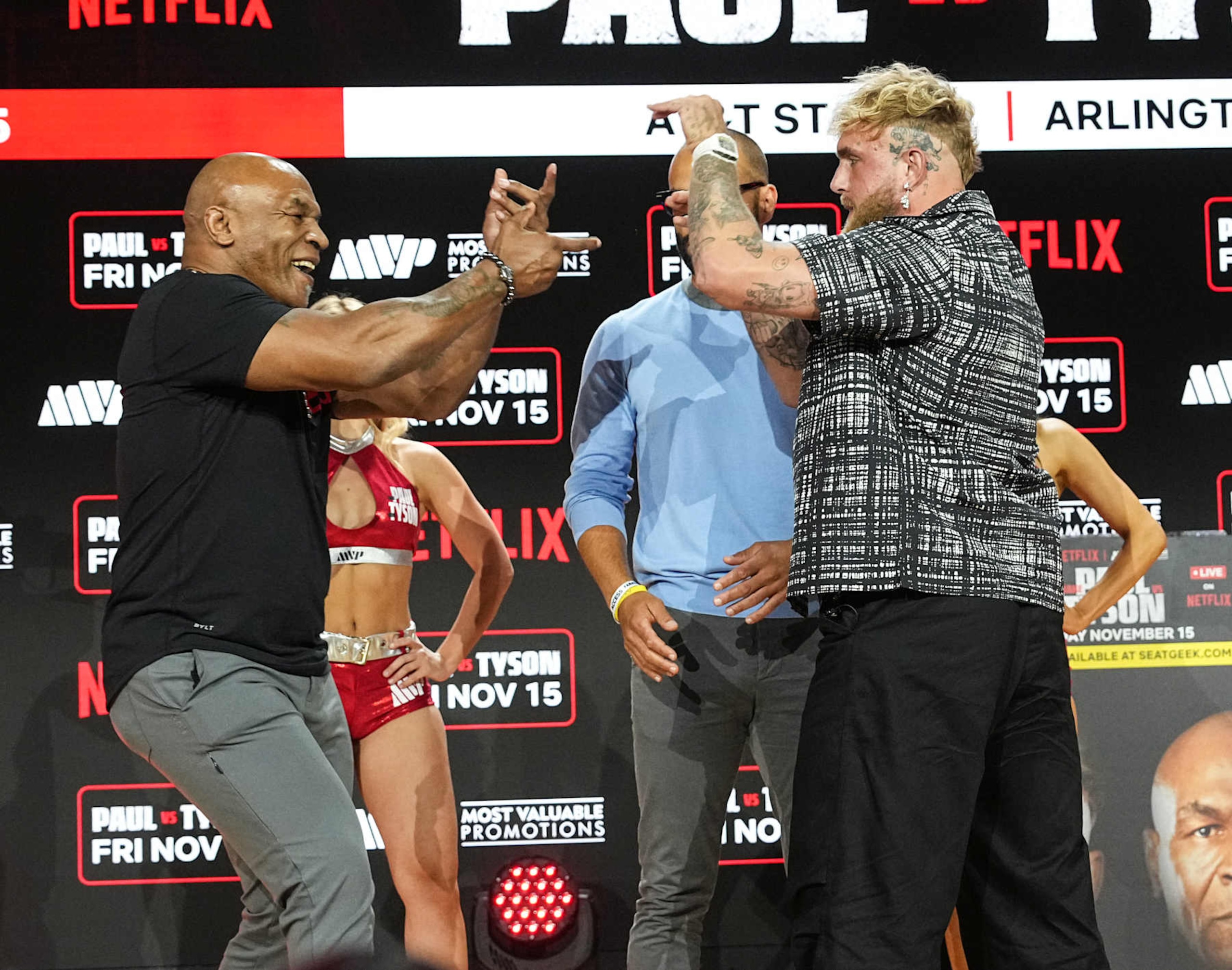 NEW YORK, NEW YORK - AUGUST 18: Mike Tyson and Jake Paul hold a press conference during Fanatics Fest NYC at Javits Center on August 18, 2024 in New York City. (Photo by John Nacion/Getty Images) NEW YORK, NEW YORK - AUGUST 18: Mike Tyson and Jake Paul hold a press conference during Fanatics Fest NYC at Javits Center on August 18, 2024 in New York City. (Photo by John Nacion/Getty Images)
