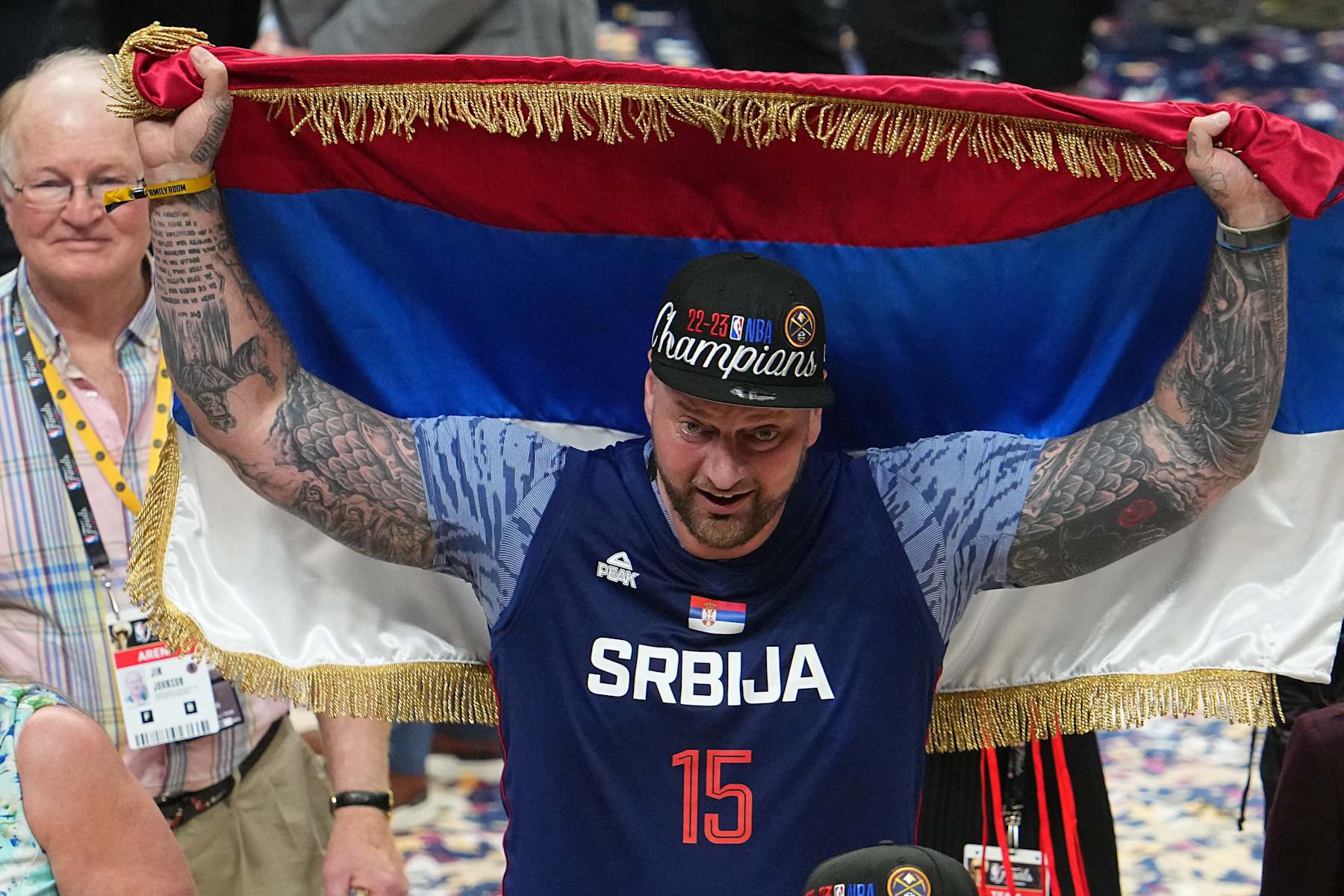DENVER, CO - JUNE 12: Nikola Jokic #15 of the Denver Nuggets' brother Strahinja Jokic, celebrates after the Denver Nuggets win Game Five of the 2023 NBA Finals on June 12, 2023 at the Ball Arena in Denver, Colorado. NOTE TO USER: User expressly acknowledges and agrees that, by downloading and/or using this Photograph, user is consenting to the terms and conditions of the Getty Images License Agreement. Mandatory Copyright Notice: Copyright 2023 NBAE (Photo by Bart Young/NBAE via Getty Images)