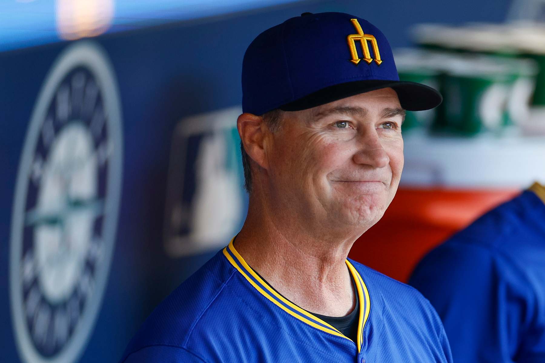 SEATTLE, WASHINGTON - AUGUST 11: Scott Servais #9 of the Seattle Mariners in the dugout prior to the start of a game against the New York Mets at T-Mobile Park on August 11, 2024 in Seattle, Washington. (Photo by Brandon Sloter/Getty Images)
