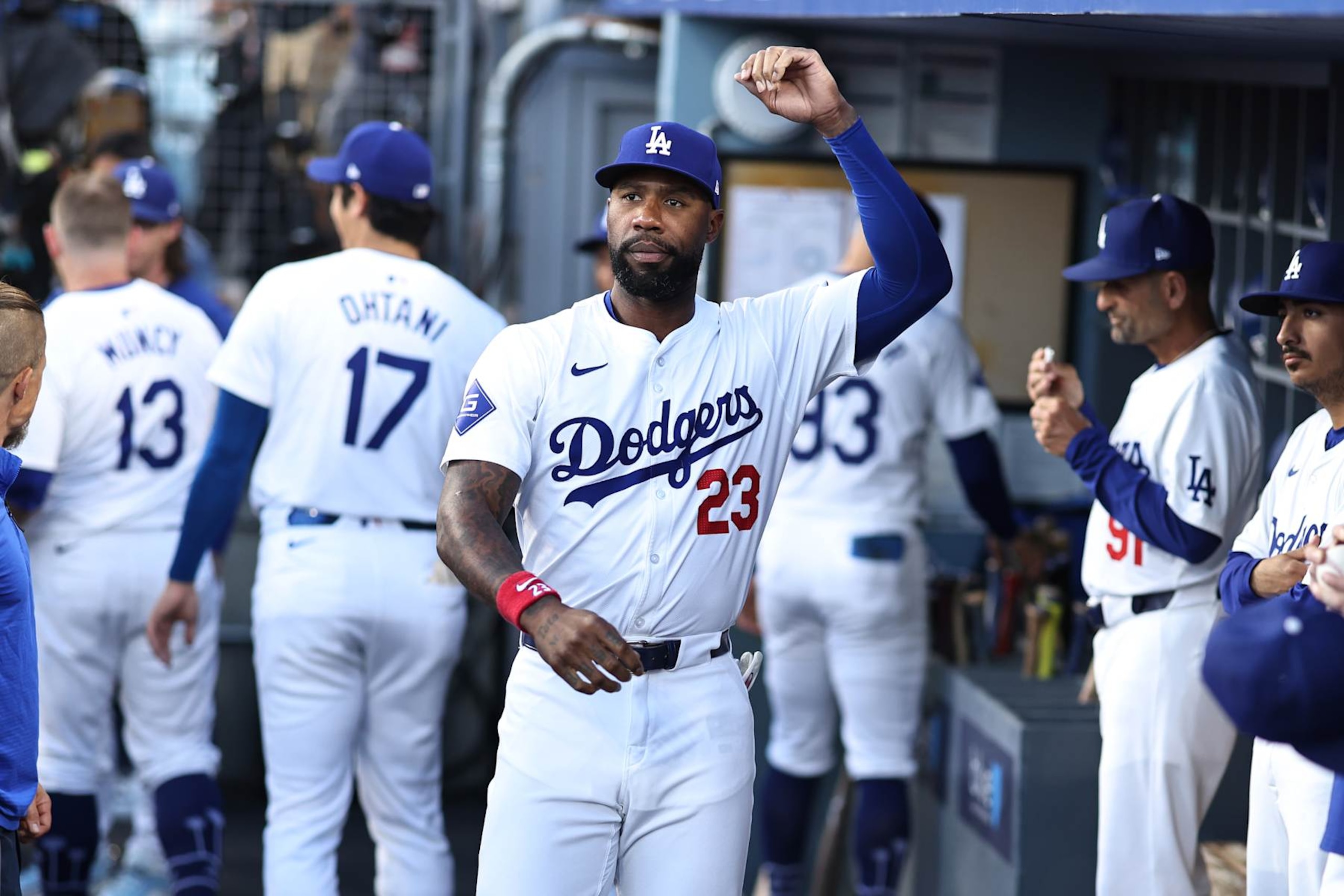 LOS ANGELES, CA - AUGUST 21: Jason Heyward #23 of the Los Angeles Dodgers looks on in the dugout prior to the game between the Seattle Mariners and the Los Angeles Dodgers at Dodger Stadium on Wednesday, August 21, 2024 in Los Angeles, California. (Photo by Michael Owens/MLB Photos via Getty Images) LOS ANGELES, CA - AUGUST 21: Jason Heyward #23 of the Los Angeles Dodgers looks on in the dugout prior to the game between the Seattle Mariners and the Los Angeles Dodgers at Dodger Stadium on Wednesday, August 21, 2024 in Los Angeles, California. (Photo by Michael Owens/MLB Photos via Getty Images)