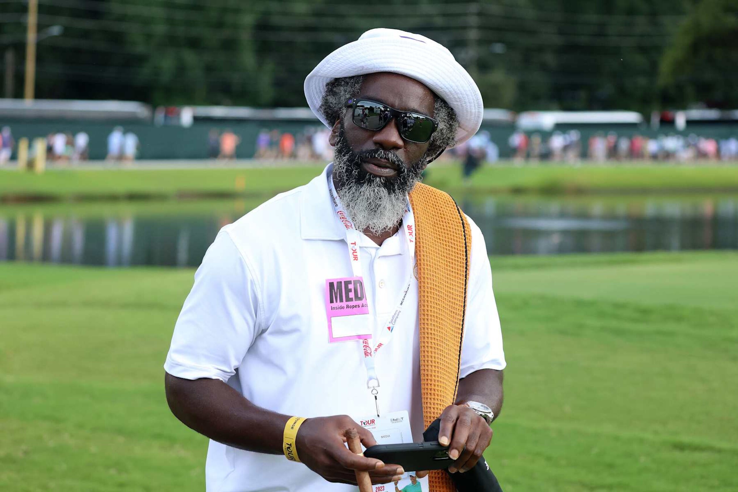 ATLANTA, GA - AUGUST 27: NFL Hall of Famer and former Baltimore Raven Ed Reed walks the course during the final round of the 2023 Tour Championship on August 27, 2023 at East Lake Golf Club in Atlanta, Georgia.  (Photo by Michael Wade/Icon Sportswire via Getty Images)