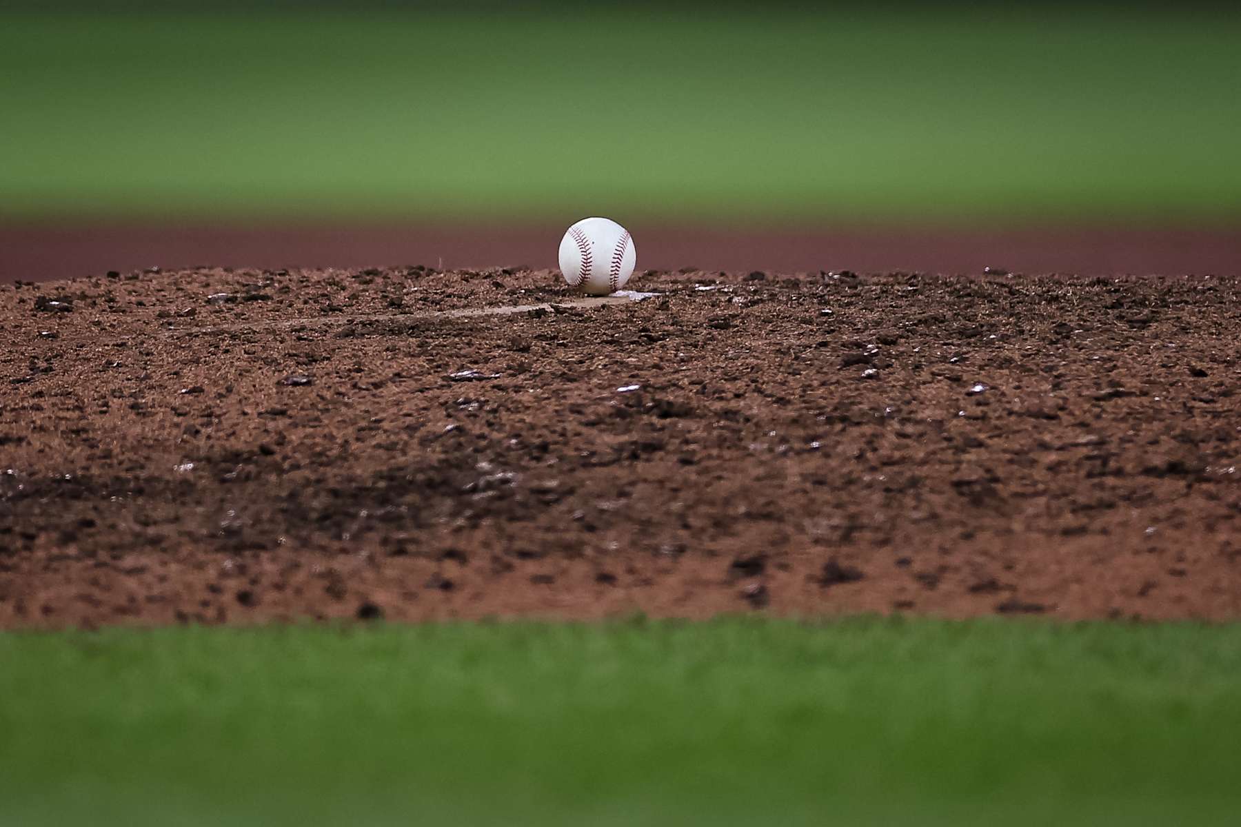 BALTIMORE, MD - JUNE 26: A general view of the ball on the pitchers mound during the ninth inning of the game between the Baltimore Orioles and the Cleveland Guardians at Oriole Park at Camden Yards on June 26, 2024 in Baltimore, Maryland. (Photo by Scott Taetsch/Getty Images)