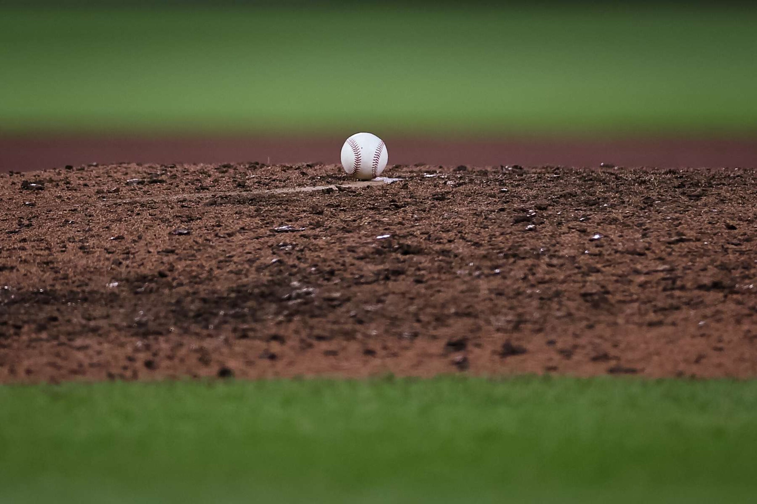 BALTIMORE, MD - JUNE 26: A general view of the ball on the pitchers mound during the ninth inning of the game between the Baltimore Orioles and the Cleveland Guardians at Oriole Park at Camden Yards on June 26, 2024 in Baltimore, Maryland. (Photo by Scott Taetsch/Getty Images)