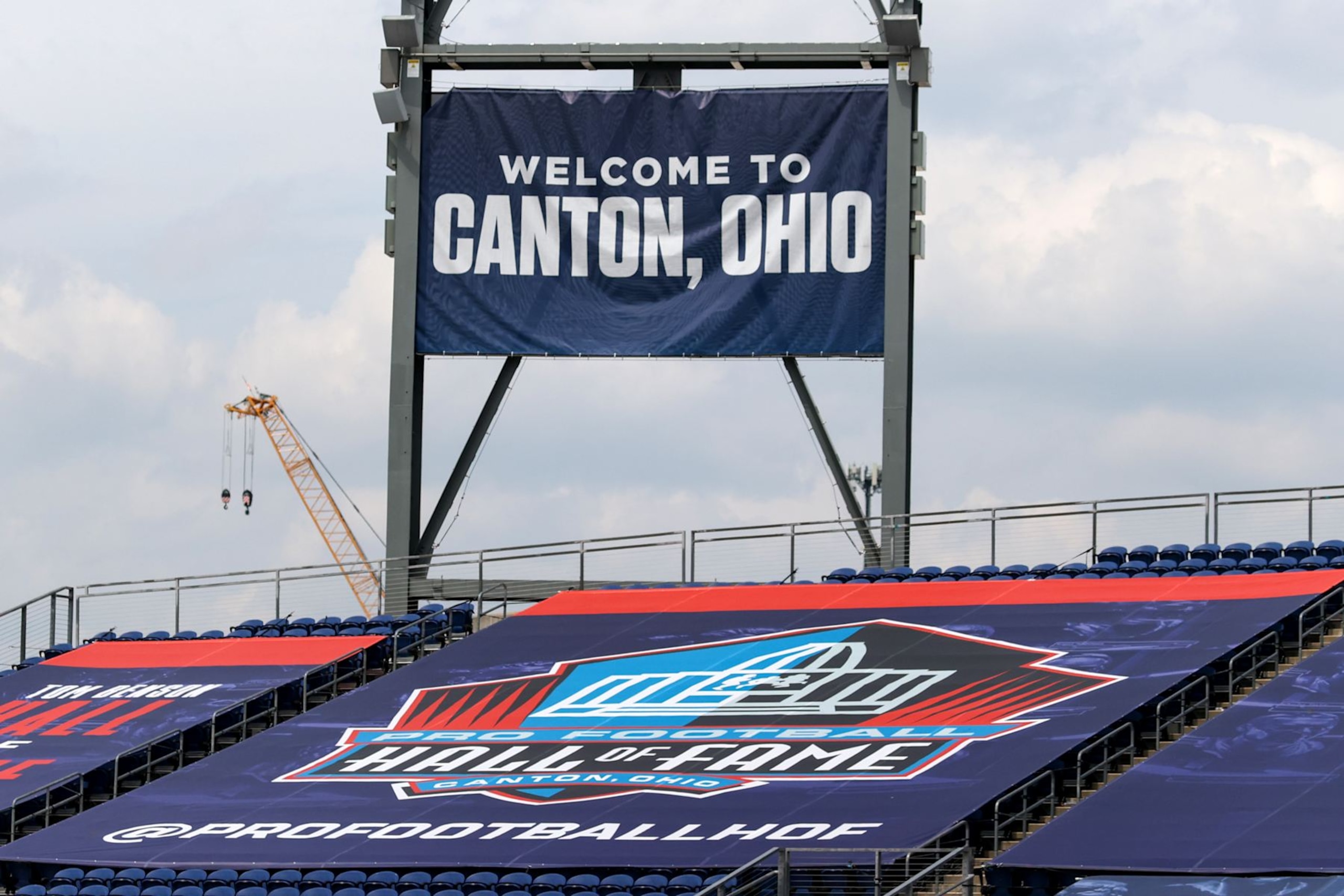 CANTON, OH - AUGUST 05: Signage around the stadium during the 2023 Pro Football Hall of Fame Enshrinement Ceremony on August 5, 2023, at the Tom Benson Hall of Fame Stadium in Canton, OH.  (Photo by Frank Jansky/Icon Sportswire via Getty Images)