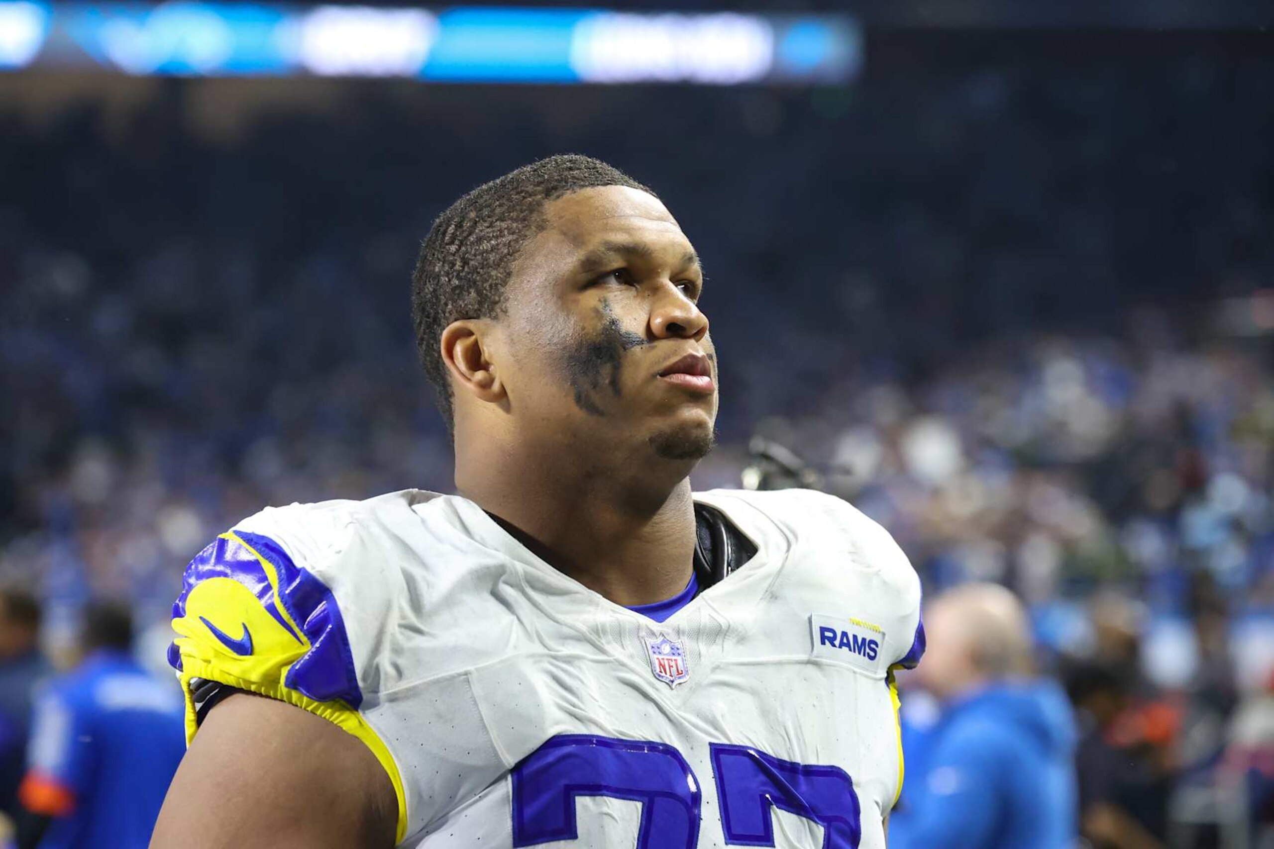 DETROIT, MI - JANUARY 14: Los Angeles Rams offensive tackle Alaric Jackson (77) walks off of the field at the conclusion of an NFL NFC Wild Card playoff football game between the Los Angeles Rams and the Detroit Lions on January 14, 2024 at Ford Field in Detroit, Michigan. (Photo by Scott W. Grau/Icon Sportswire via Getty Images) DETROIT, MI - JANUARY 14: Los Angeles Rams offensive tackle Alaric Jackson (77) walks off of the field at the conclusion of an NFL NFC Wild Card playoff football game between the Los Angeles Rams and the Detroit Lions on January 14, 2024 at Ford Field in Detroit, Michigan. (Photo by Scott W. Grau/Icon Sportswire via Getty Images)