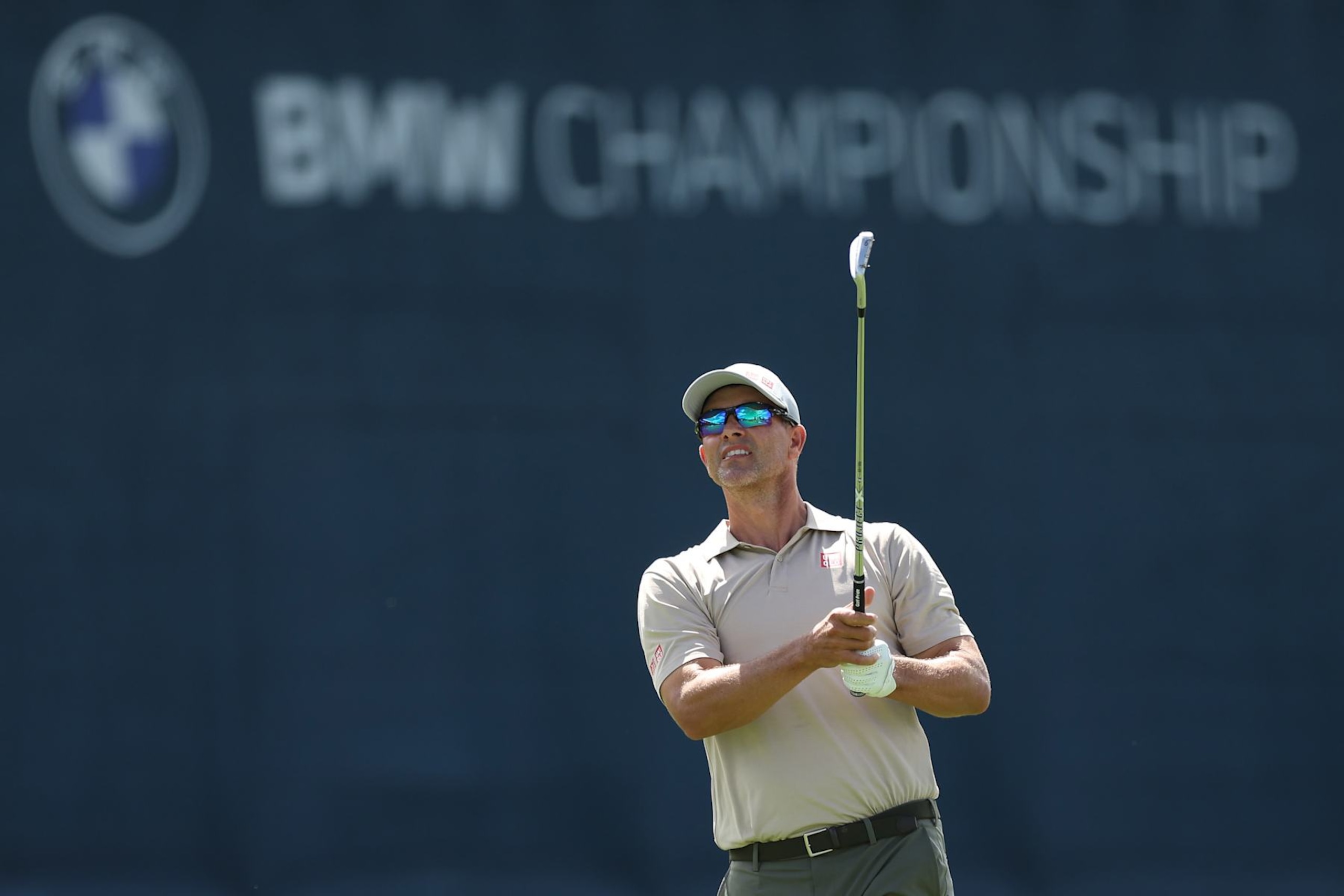 CASTLE ROCK, COLORADO - AUGUST 23: Adam Scott of Australia plays a shot on the 18th hole during the second round of the BMW Championship at Castle Pines Golf Club on August 23, 2024 in Castle Rock, Colorado. (Photo by Christian Petersen/Getty Images)