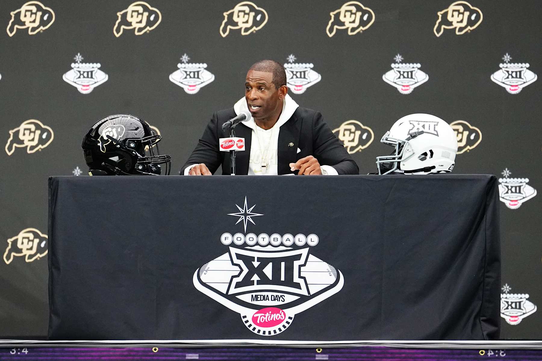LAS VEGAS, NEVADA - JULY 10: Head Coach Deion Sanders of the Colorado Buffaloes speaks at the 2024 Big 12 Conference Football Media Day at Allegiant Stadium on July 10, 2024 in Las Vegas, Nevada. (Photo by Louis Grasse/Getty Images)