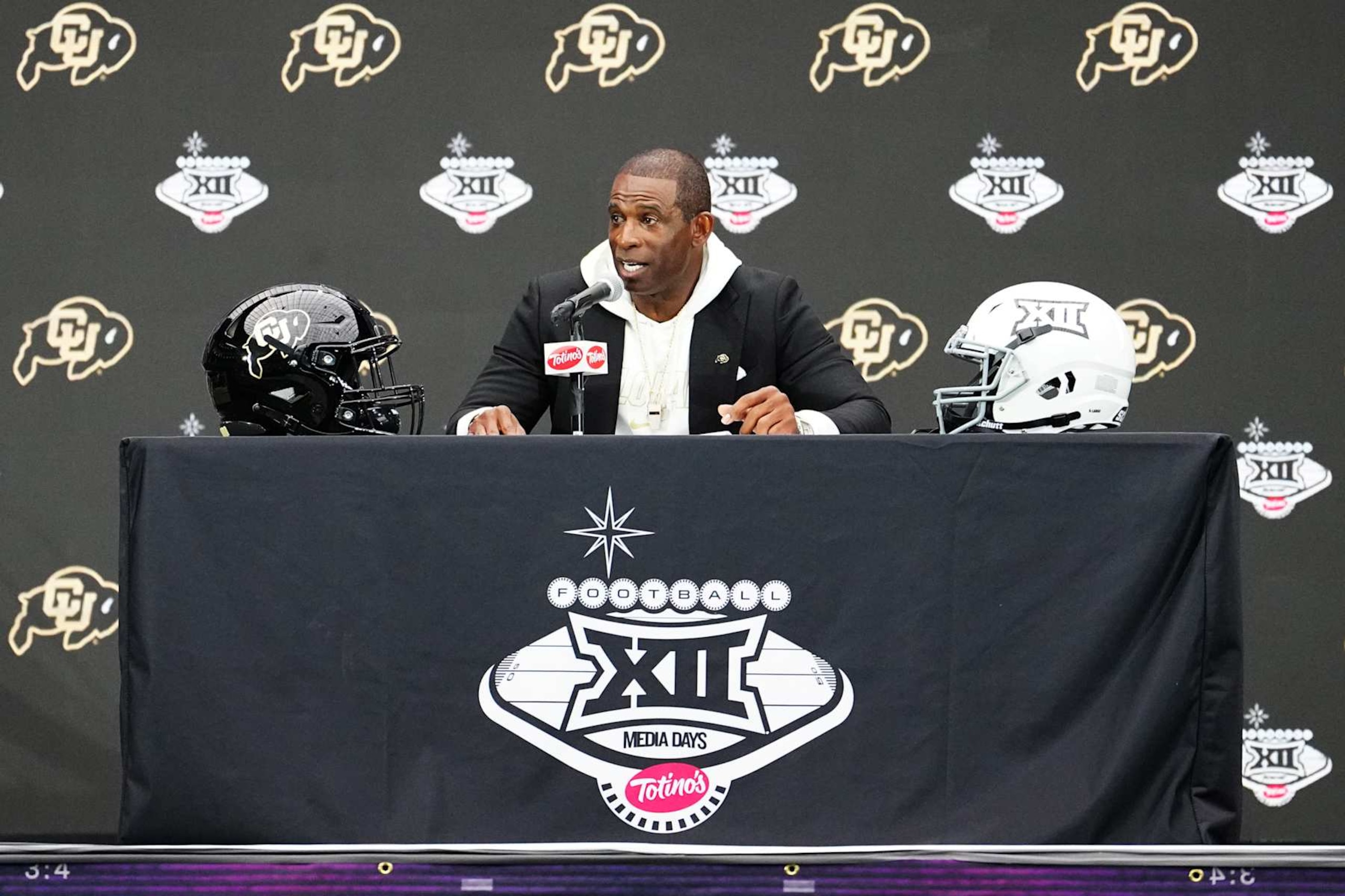 LAS VEGAS, NEVADA - JULY 10: Head Coach Deion Sanders of the Colorado Buffaloes speaks at the 2024 Big 12 Conference Football Media Day at Allegiant Stadium on July 10, 2024 in Las Vegas, Nevada. (Photo by Louis Grasse/Getty Images)