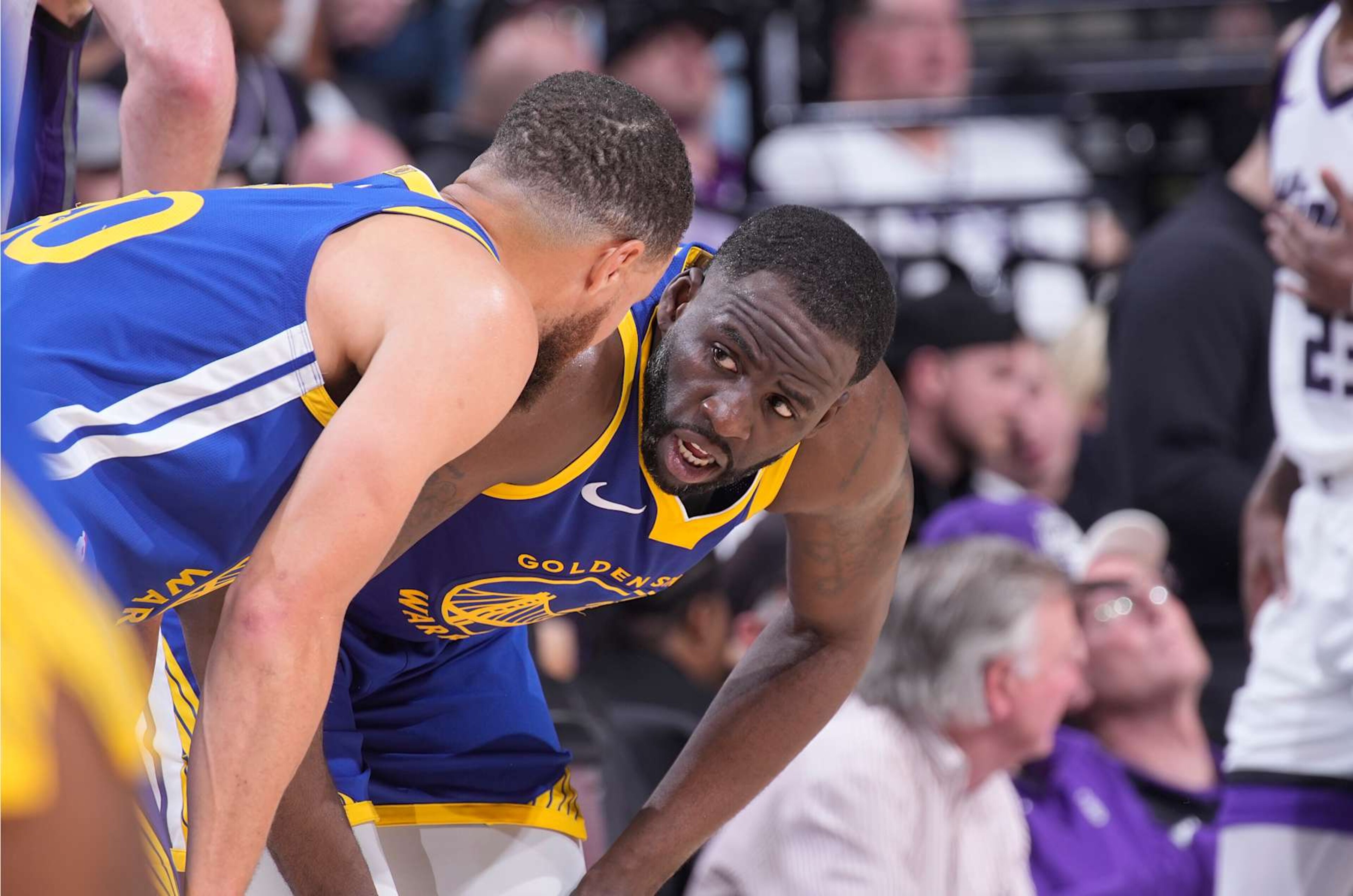 SACRAMENTO, CA - APRIL 16: Stephen Curry #30 and Draymond Green #23 of the Golden State Warriors talk during the game against the Sacramento Kings during the 2024 Play-In Tournament on April 16, 2024 at Golden 1 Center in Sacramento, California. NOTE TO USER: User expressly acknowledges and agrees that, by downloading and or using this photograph, User is consenting to the terms and conditions of the Getty Images Agreement. Mandatory Copyright Notice: Copyright 2024 NBAE (Photo by Rocky Widner/NBAE via Getty Images) SACRAMENTO, CA - APRIL 16: Stephen Curry #30 and Draymond Green #23 of the Golden State Warriors talk during the game against the Sacramento Kings during the 2024 Play-In Tournament on April 16, 2024 at Golden 1 Center in Sacramento, California. NOTE TO USER: User expressly acknowledges and agrees that, by downloading and or using this photograph, User is consenting to the terms and conditions of the Getty Images Agreement. Mandatory Copyright Notice: Copyright 2024 NBAE (Photo by Rocky Widner/NBAE via Getty Images)