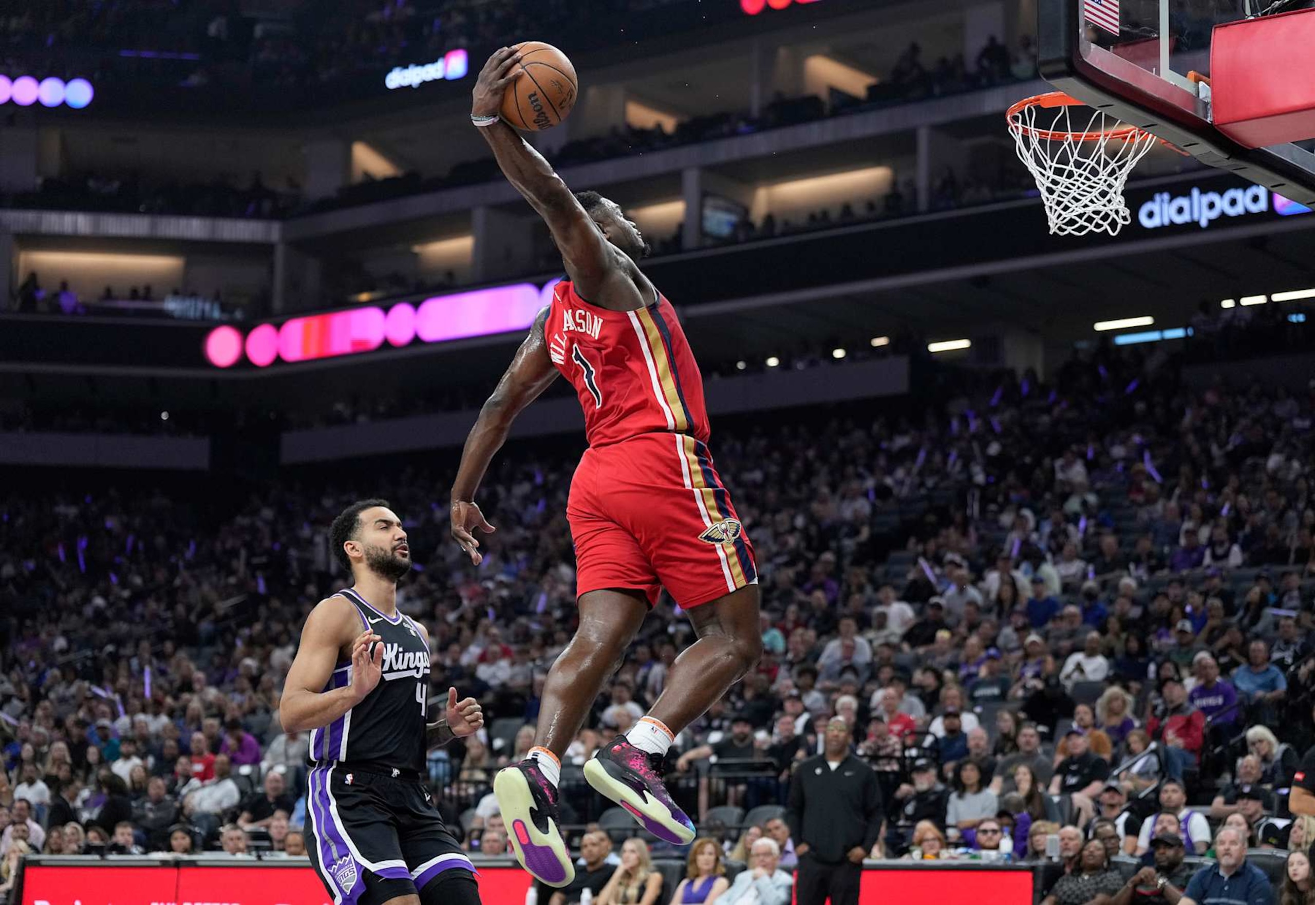 SACRAMENTO, CALIFORNIA - APRIL 11: Zion Williamson #1 of the New Orleans Pelicans goes up for a slam dunk against the Sacramento Kings during the first half of an NBA game at Golden 1 Center on April 11, 2024 in Sacramento, California. NOTE TO USER: User expressly acknowledges and agrees that, by downloading and or using this photograph, User is consenting to the terms and conditions of the Getty Images License Agreement. (Photo by Thearon W. Henderson/Getty Images)