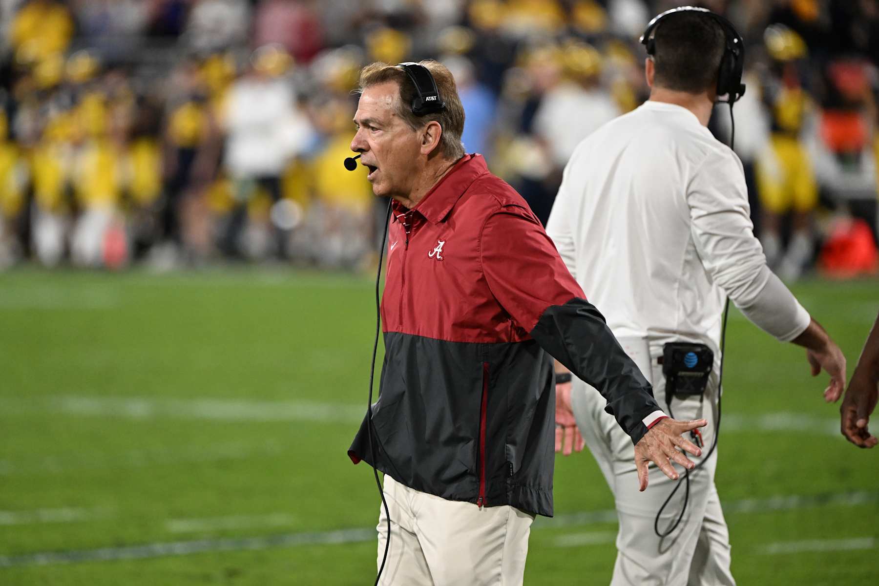PASADENA, CA - JANUARY 01: Head Coach Nick Saban of the Alabama Crimson Tide during the Alabama Crimson Tide game versus the Michigan Wolverines CFP Semifinal at the Rose Bowl Game on January, 1, 2024, at the Rose Bowl Stadium in Pasadena, CA. (Photo by John Cordes/Icon Sportswire via Getty Images)
