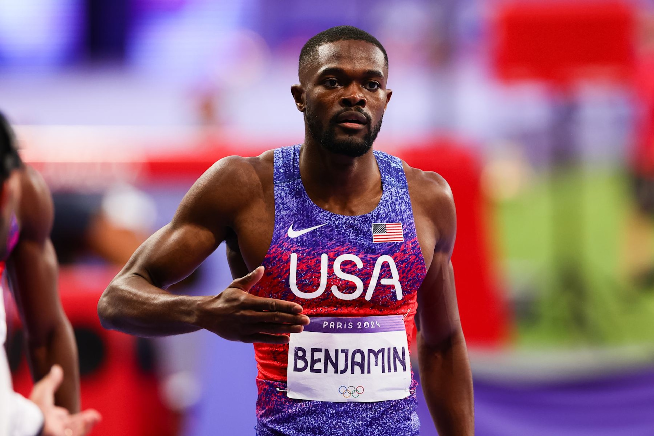 PARIS, FRANCE - AUGUST 10: Rai Benjamin of USA runs the anchor leg and wins Gold for team USA during the Men's 4 x 400m Relay Final, Paris 2024 Olympic Games  at the Stade de France on August 10, 2024 in Paris, France. (Photo by Pete Dovgan/Speed Media/Icon Sportswire via Getty Images)