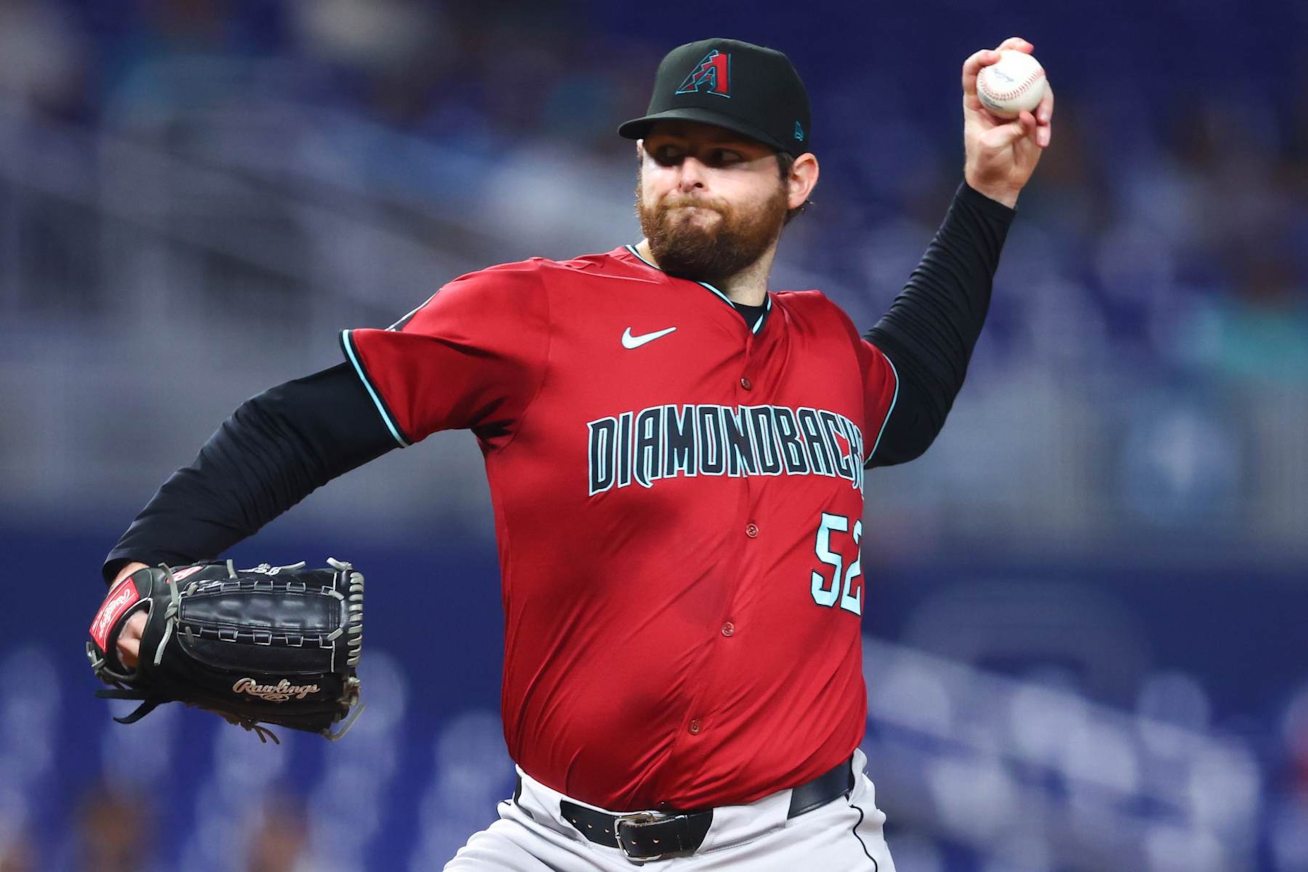 MIAMI, FLORIDA - AUGUST 21: Jordan Montgomery #52 of the Arizona Diamondbacks pitches against the Miami Marlins during the first inning of the game at loanDepot park on August 21, 2024 in Miami, Florida. (Photo by Megan Briggs/Getty Images)