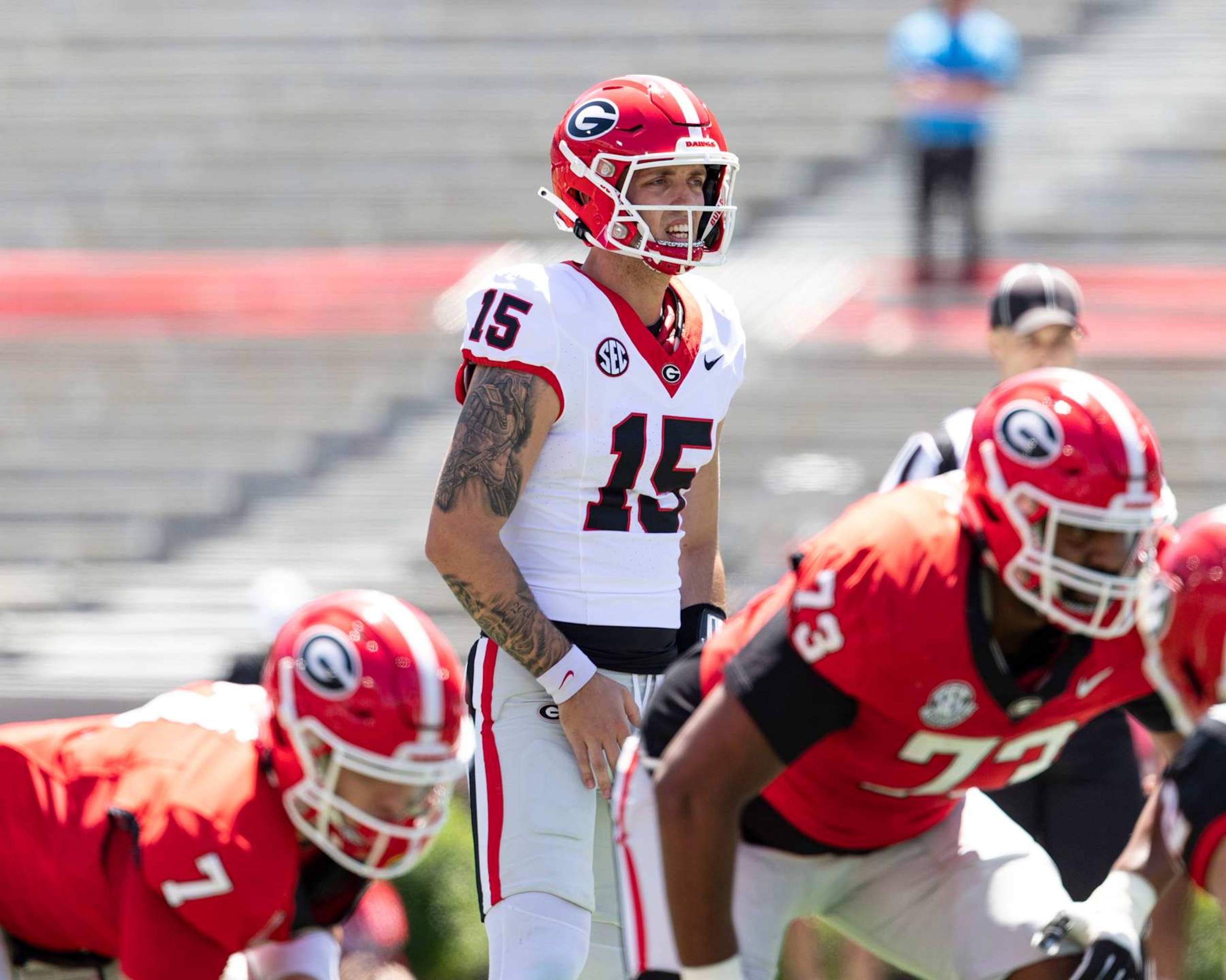 ATHENS, GA - APRIL 13: Carson Beck #15 of the Georgia Bulldogs calls the signals during the University of Georgia Spring Game at Sanford Stadium on April 13, 2024 in Athens, Georgia. (Photo by Steve Limentani/ISI Photos/Getty Images)