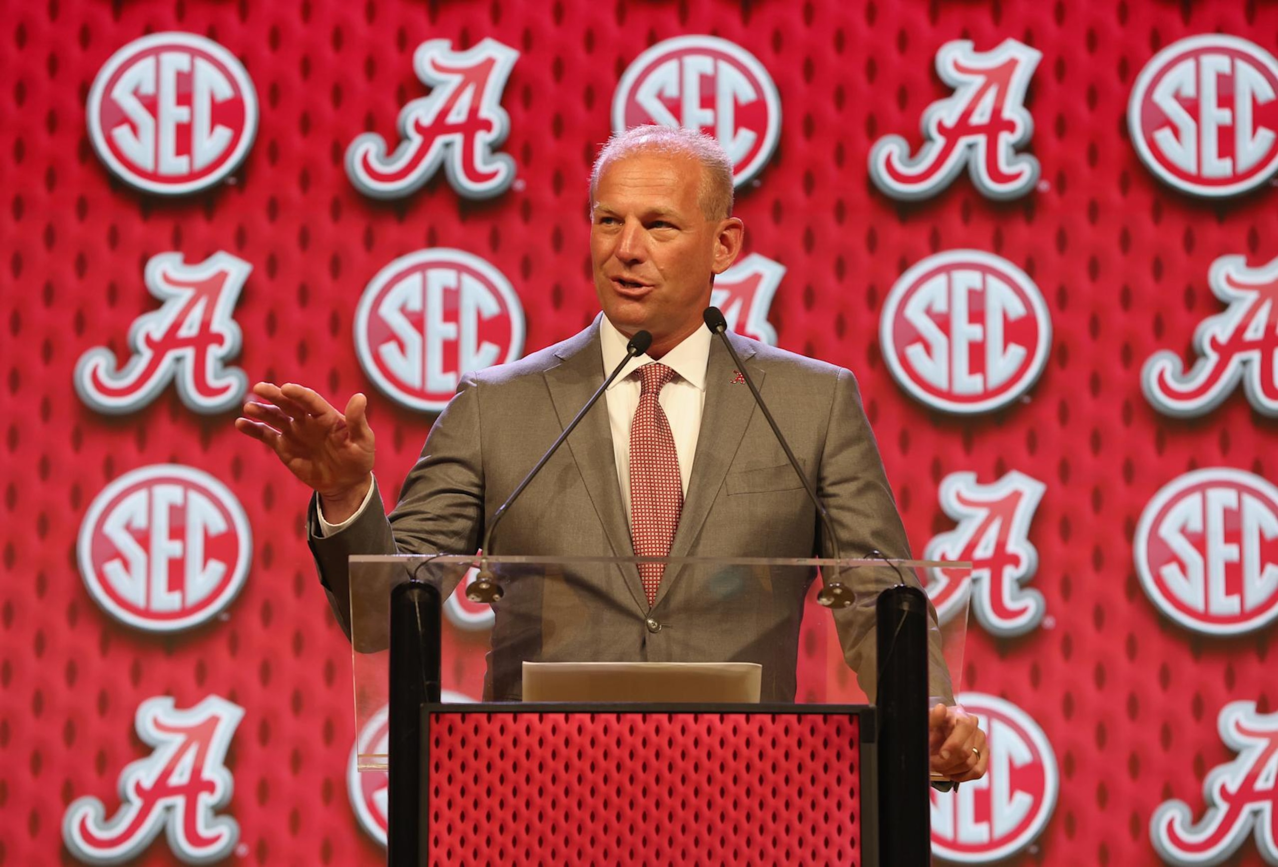 DALLAS, TEXAS - JULY 17: Head coach Kalen DeBoer of the Alabama Crimson Tide speaks during SEC Football Media Days at Omni Dallas Hotel on July 17, 2024 in Dallas, Texas.  (Photo by Tim Warner/Getty Images)