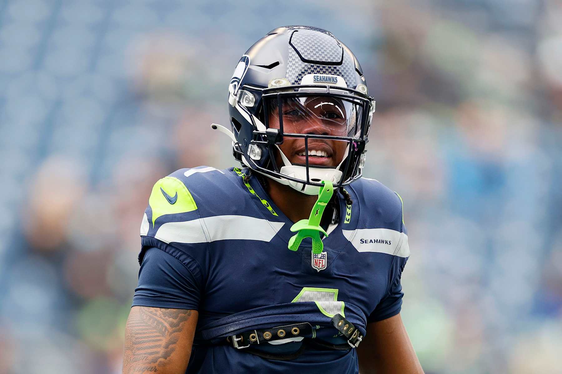 SEATTLE, WASHINGTON - NOVEMBER 21: D'Wayne Eskridge #1 of the Seattle Seahawks looks on before the game against the Arizona Cardinals at Lumen Field on November 21, 2021 in Seattle, Washington. (Photo by Steph Chambers/Getty Images)