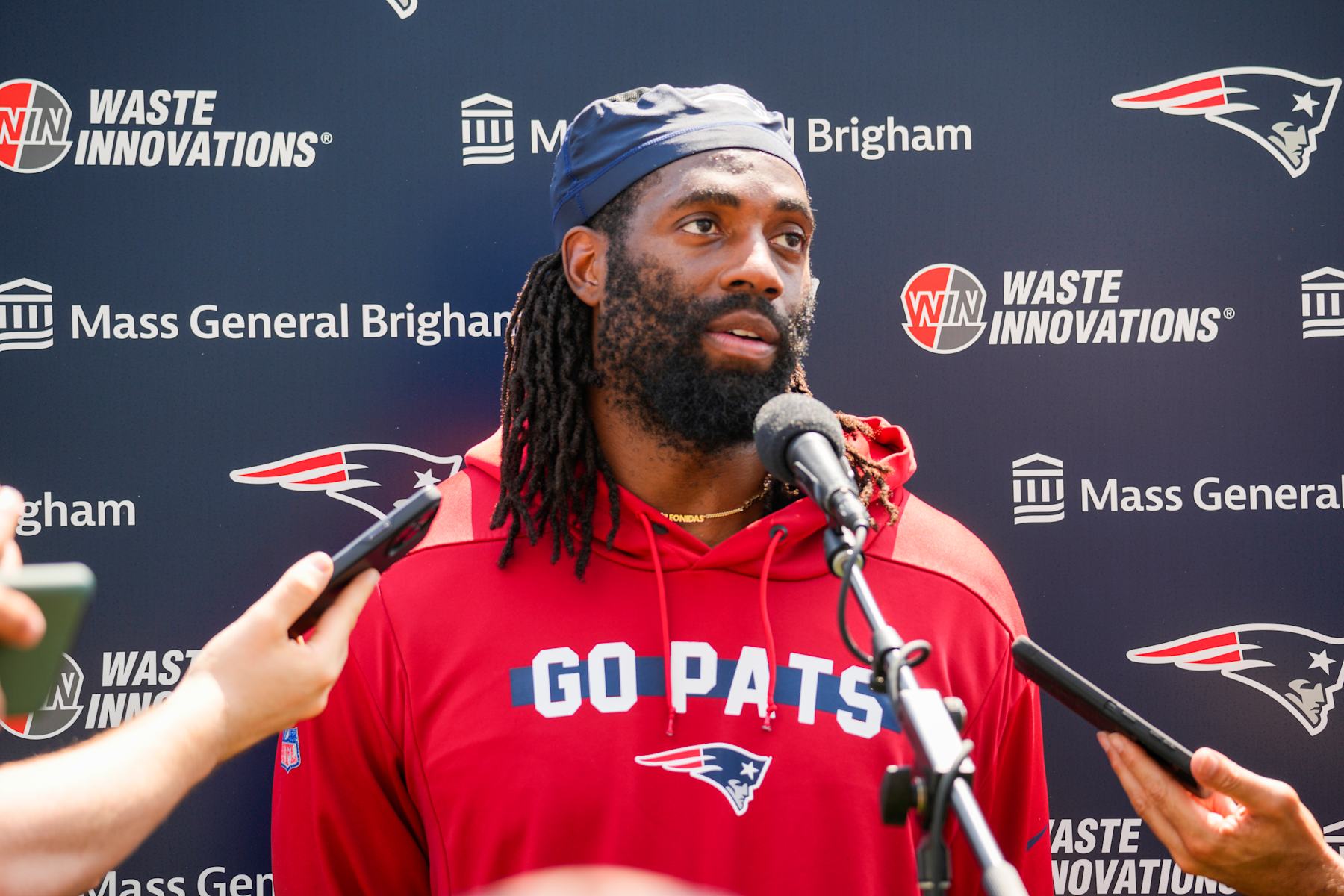 Foxborough, MA - August 5: New England Patriots LB Matthew Judon talks with the media. (Photo by Kayla Bartkowski/The Boston Globe via Getty Images)