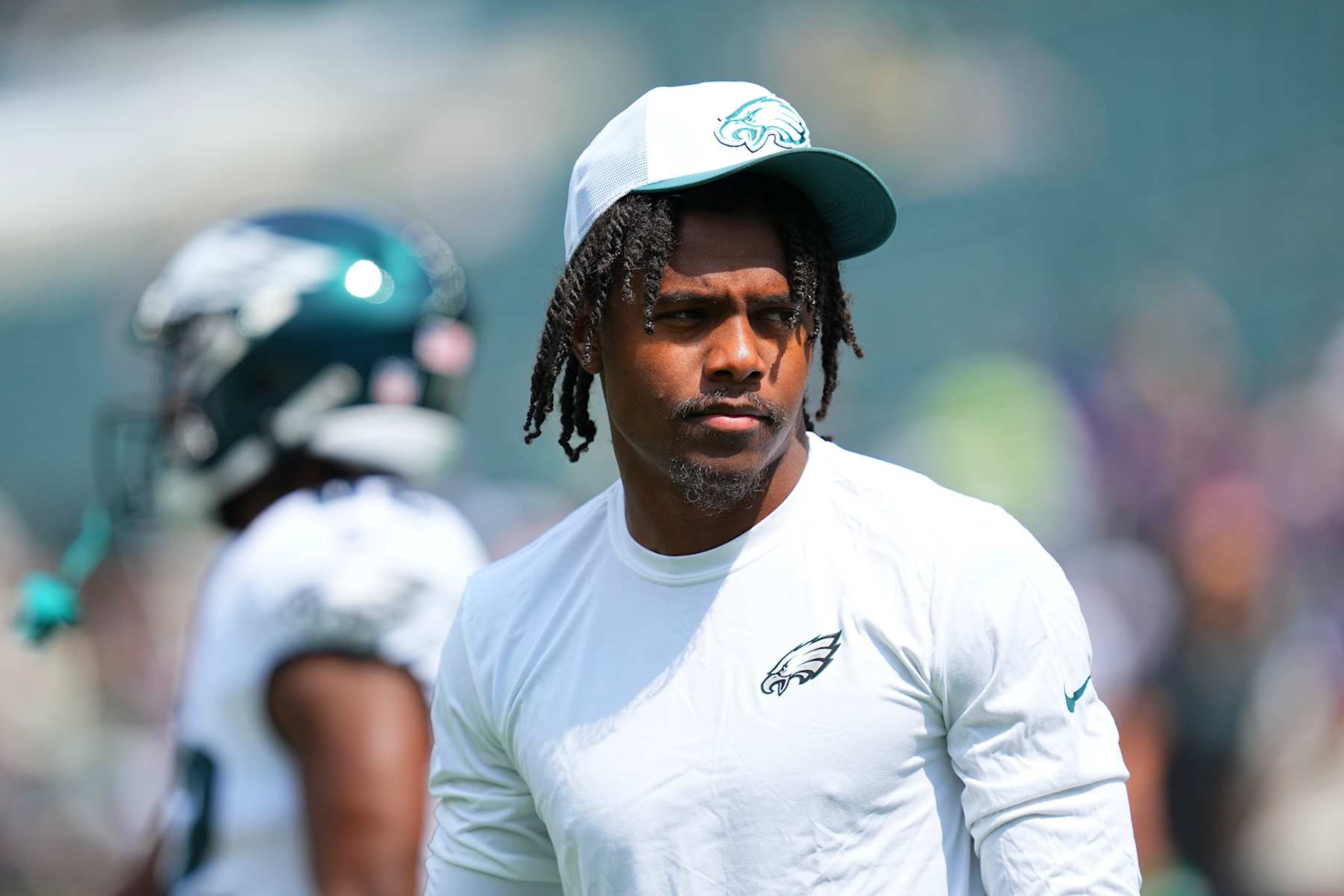 PHILADELPHIA, PENNSYLVANIA - AUGUST 24: Jahan Dotson #87 of the Philadelphia Eagles looks on prior to the preseason game against the Minnesota Vikings at Lincoln Financial Field on August 24, 2024 in Philadelphia, Pennsylvania. (Photo by Mitchell Leff/Getty Images) PHILADELPHIA, PENNSYLVANIA - AUGUST 24: Jahan Dotson #87 of the Philadelphia Eagles looks on prior to the preseason game against the Minnesota Vikings at Lincoln Financial Field on August 24, 2024 in Philadelphia, Pennsylvania. (Photo by Mitchell Leff/Getty Images)