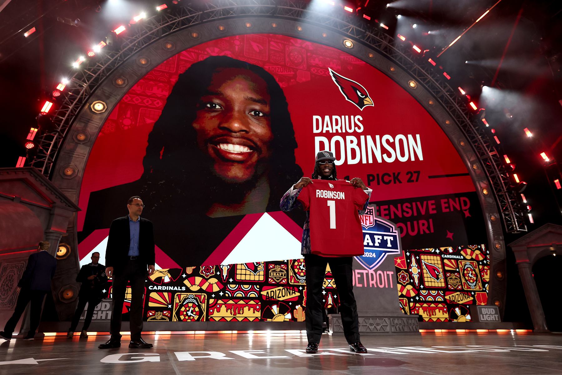 DETROIT, MICHIGAN - APRIL 25: Darius Robinson poses after being selected 27th overall by the Arizona Cardinals during the first round of the 2024 NFL Draft at Campus Martius Park and Hart Plaza on April 25, 2024 in Detroit, Michigan. (Photo by Gregory Shamus/Getty Images)