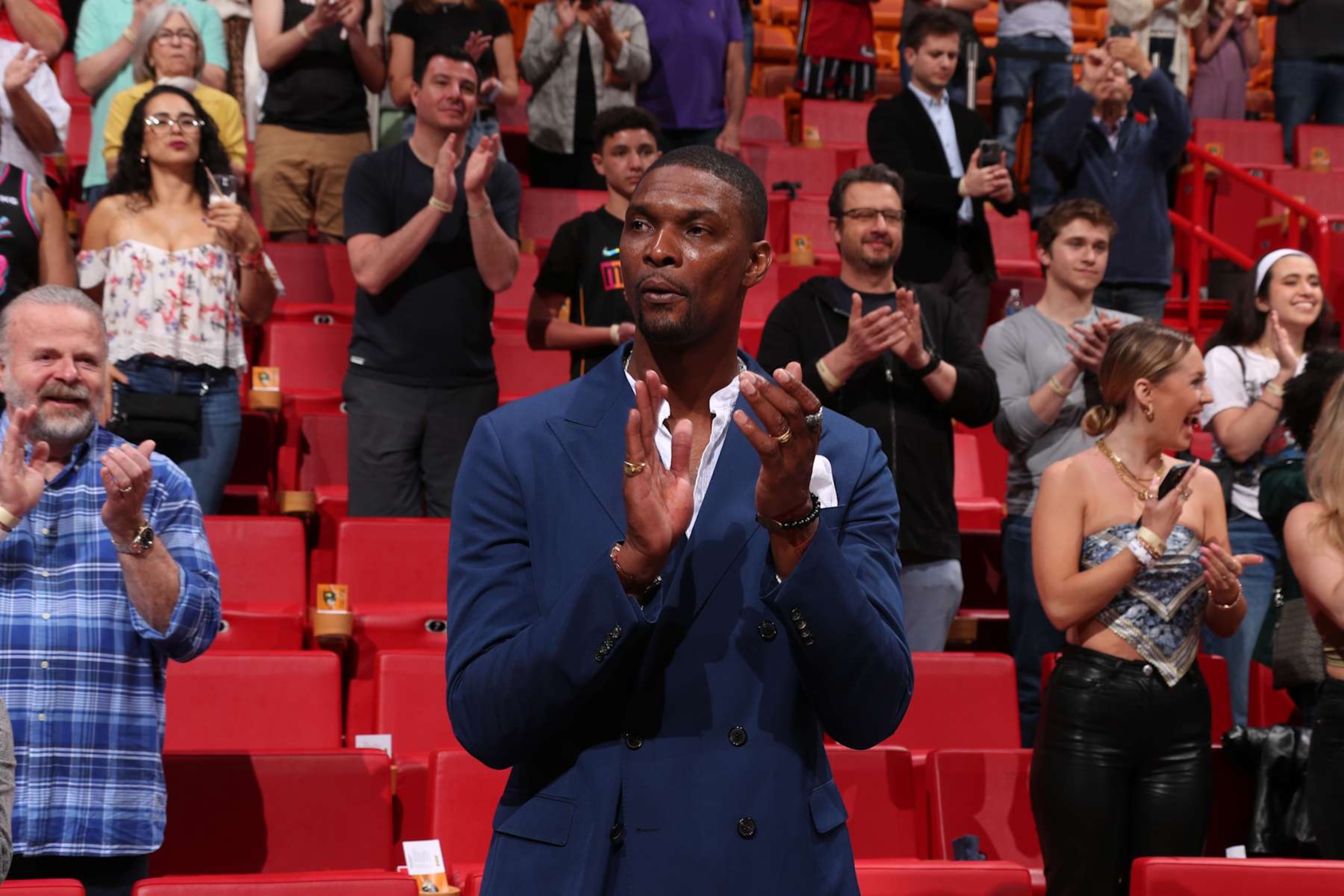 MIAMI, FL - MARCH 18: Former NBA player, Chris Bosh applauds during the game between the Oklahoma City Thunder and Miami Heat on March 18, 2022 at FTX Arena in Miami, Florida. NOTE TO USER: User expressly acknowledges and agrees that, by downloading and or using this Photograph, user is consenting to the terms and conditions of the Getty Images License Agreement. Mandatory Copyright Notice: Copyright 2022 NBAE (Photo by Issac Baldizon/NBAE via Getty Images)