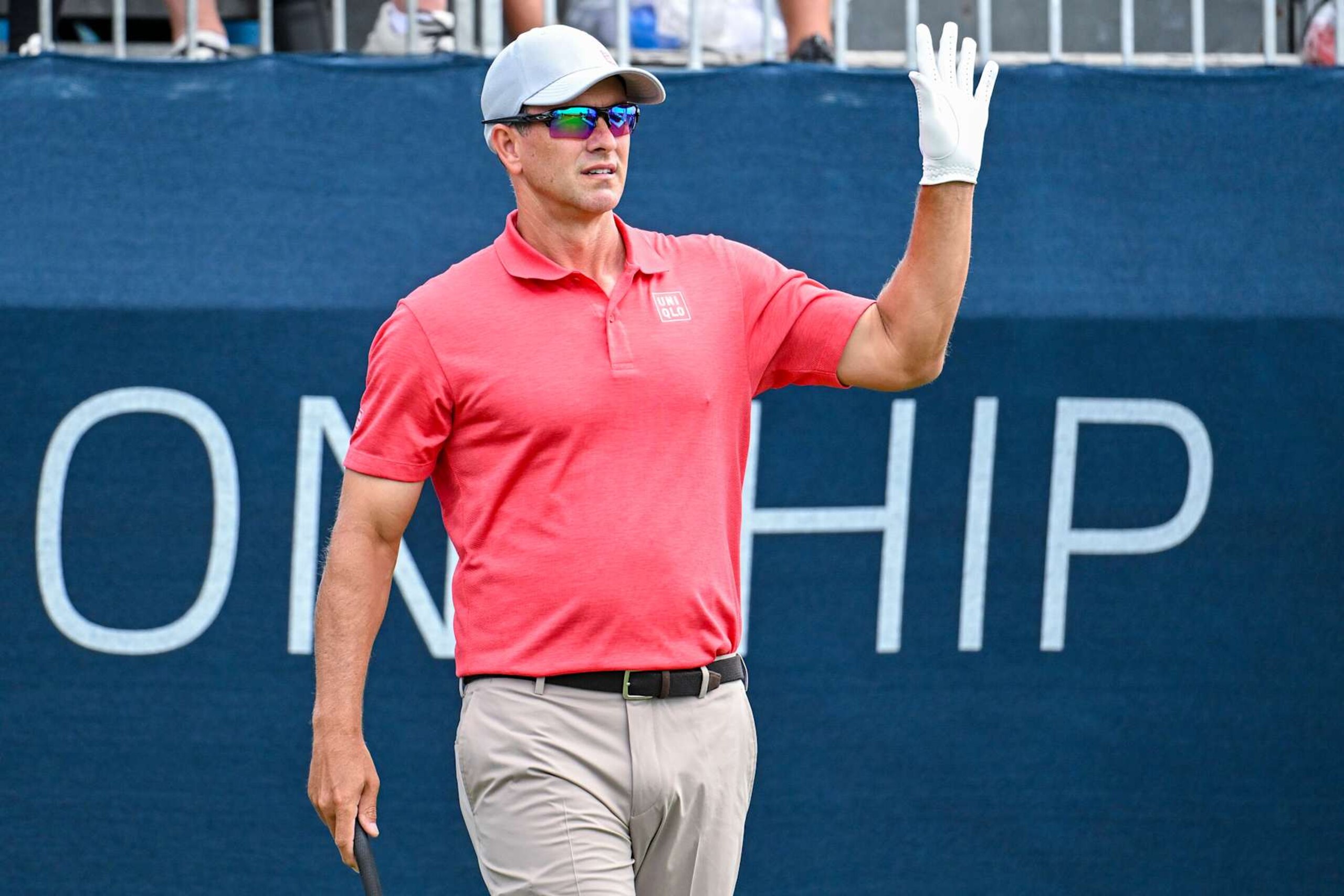 CASTLE ROCK, COLORADO - AUGUST 24:  Adam Scott of Australia waves to fans while being introduced on the first tee during the third round of the BMW Championship, the second event of the FedExCup Playoffs, at Castle Pines Golf Club on August 24, 2024 in Castle Rock, Colorado. (Photo by Keyur Khamar/PGA TOUR via Getty Images)