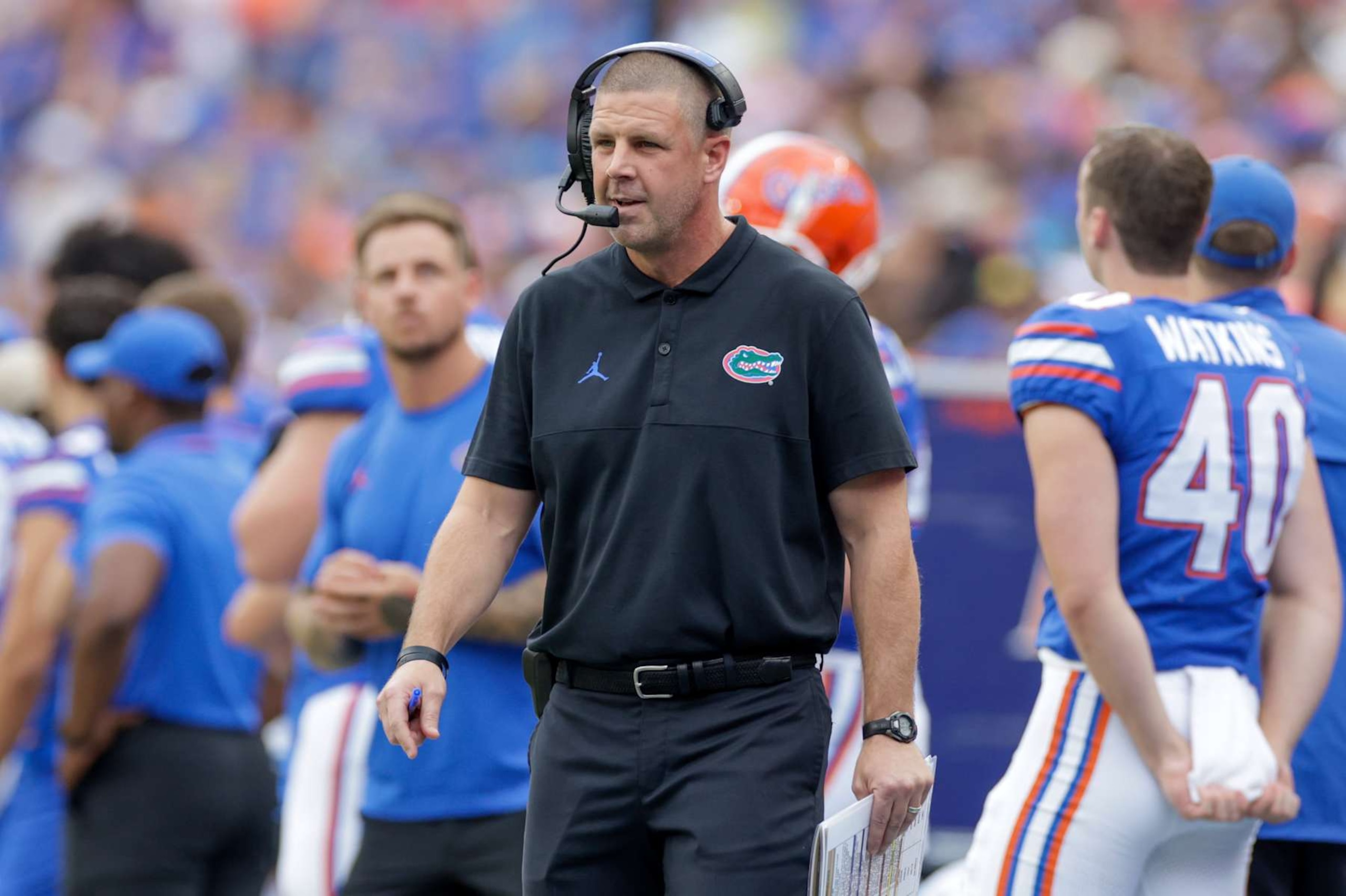 GAINESVILLE, FL - OCTOBER 07: Florida Gators head coach Billy Napier looks on during the game between the Vanderbilt Commodores and the Florida Gators on October 7, 2023 at Ben Hill Griffin Stadium at Florida Field in Gainesville, Fl. (Photo by David Rosenblum/Icon Sportswire via Getty Images)