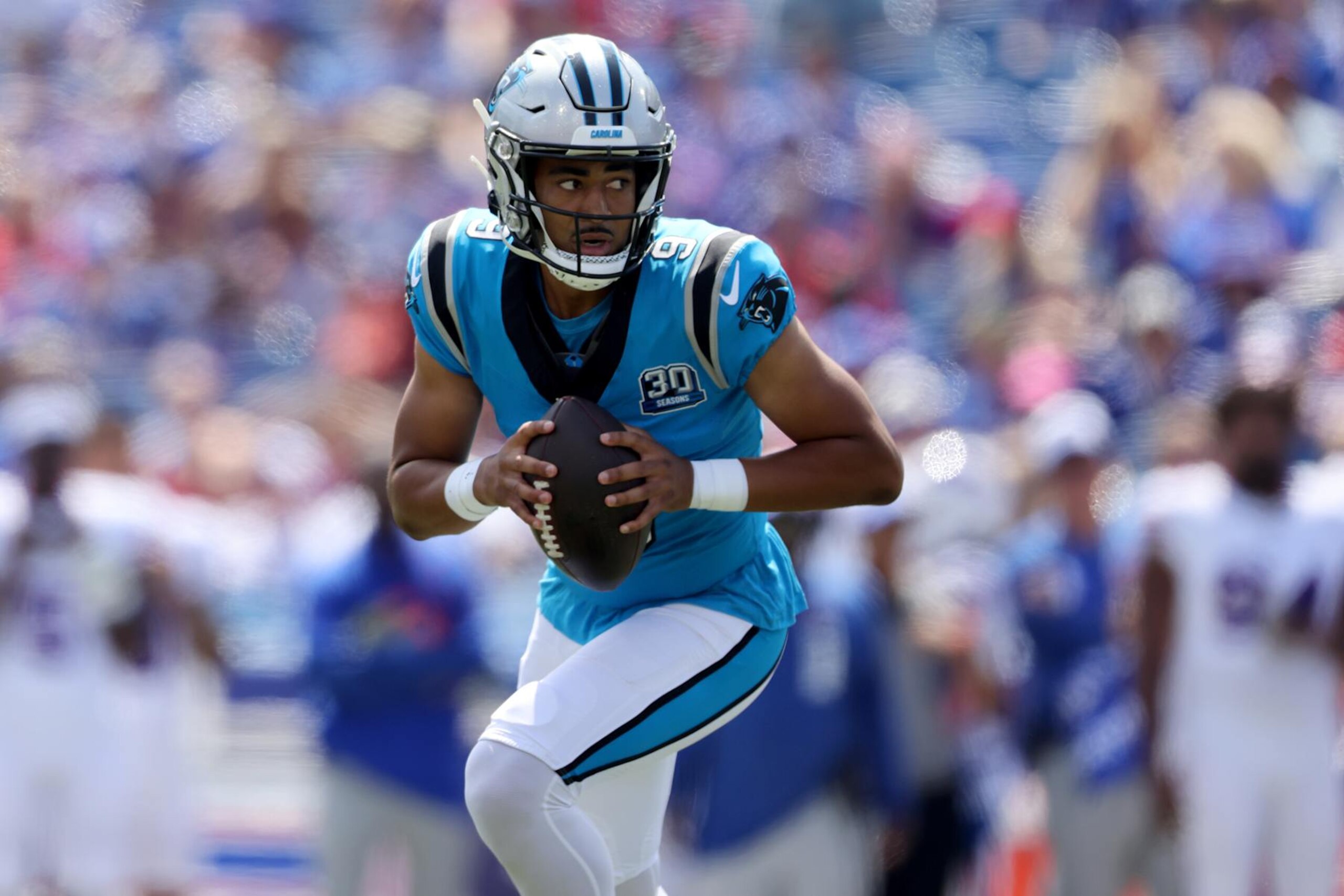 ORCHARD PARK, NEW YORK - AUGUST 24: Bryce Young #9 of the Carolina Panthers looks to pass during the first quarter of a preseason game against the Buffalo Bills at Highmark Stadium on August 24, 2024 in Orchard Park, New York. (Photo by Bryan M. Bennett/Getty Images)