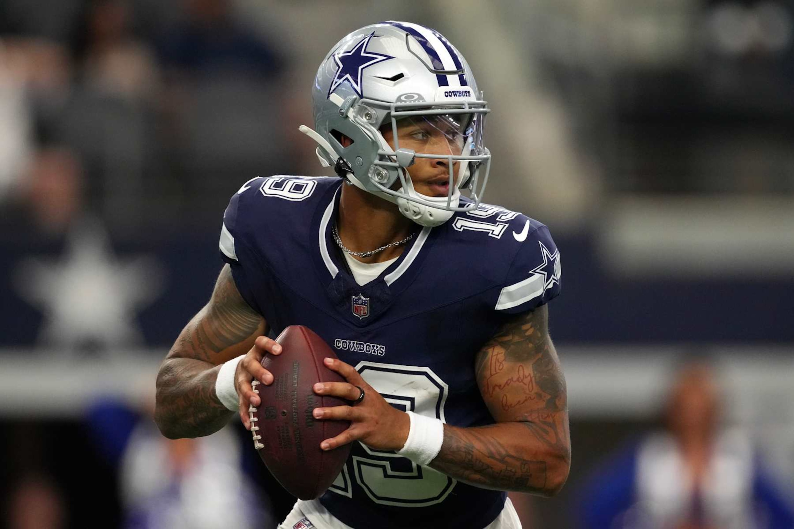 ARLINGTON, TEXAS - AUGUST 24: Trey Lance #19 of the Dallas Cowboys looks to pass during the first half of a preseason game against the Los Angeles Chargers at AT&T Stadium on August 24, 2024 in Arlington, Texas. (Photo by Sam Hodde/Getty Images)