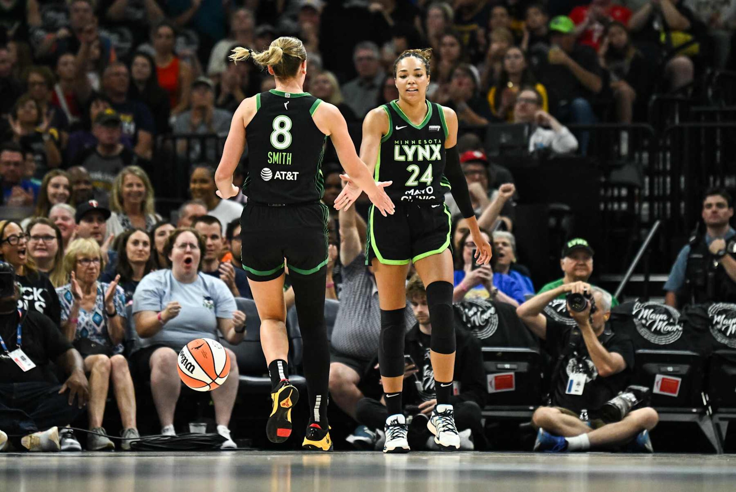 MINNEAPOLIS, MINNESOTA - AUGUST 24: Napheesa Collier #24 and Alanna Smith #8 of the Minnesota Lynx celebrate after a play in the first quarter of the game against the Indiana Fever at Target Center on August 24, 2024 in Minneapolis, Minnesota. NOTE TO USER: User expressly acknowledges and agrees that, by downloading and or using this photograph, User is consenting to the terms and conditions of the Getty Images License Agreement. (Photo by Stephen Maturen/Getty Images)