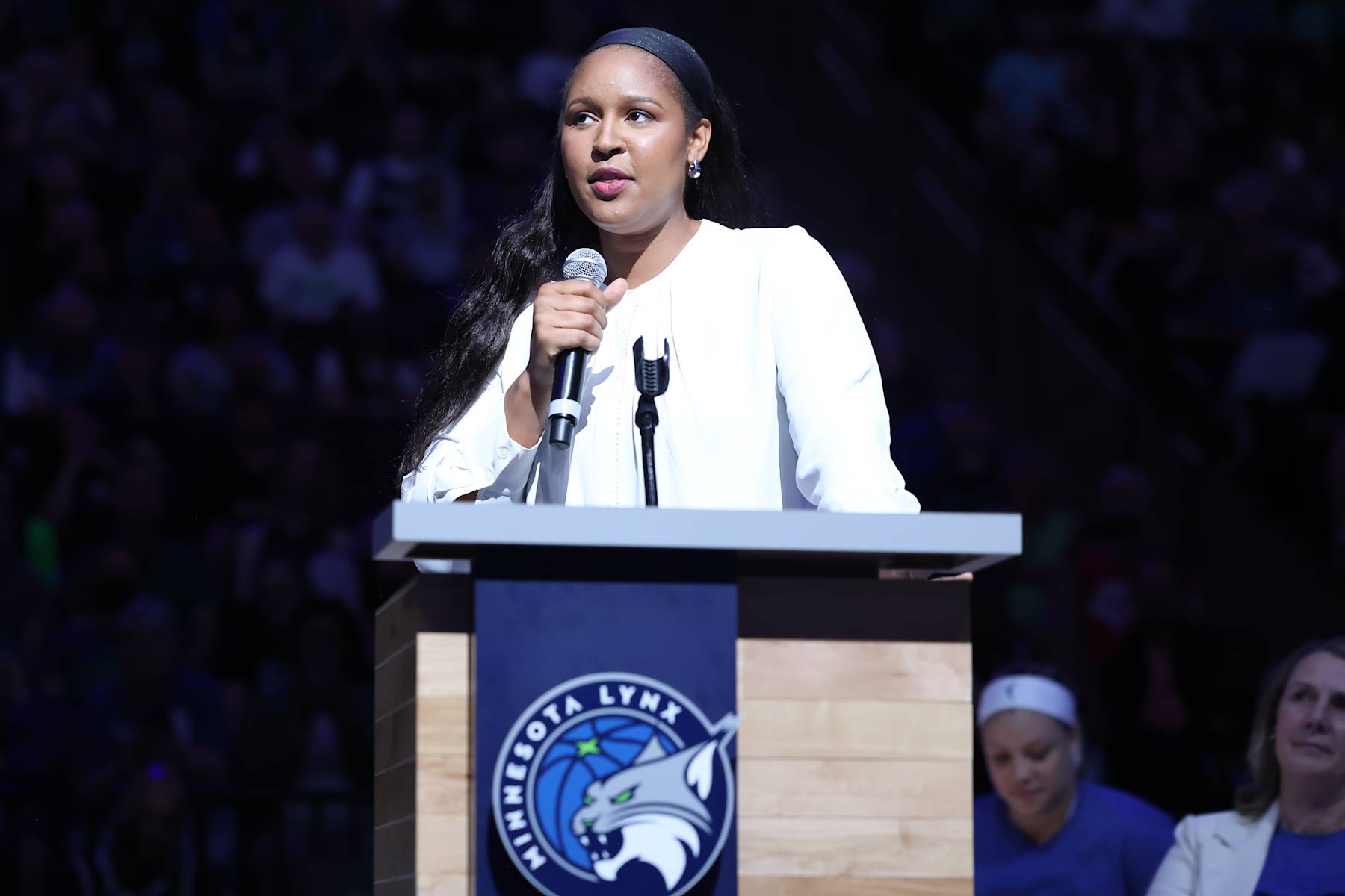 MINNEAPOLIS, MN - JUNE 11: Maya Moore speaks during Sylvia Fowles jersey retirement ceremony on June 11, 2023 at Target Center in Minneapolis, Minnesota. NOTE TO USER: User expressly acknowledges and agrees that, by downloading and or using this Photograph, user is consenting to the terms and conditions of the Getty Images License Agreement. Mandatory Copyright Notice: Copyright 2023 NBAE (Photo by David Sherman/NBAE via Getty Images)