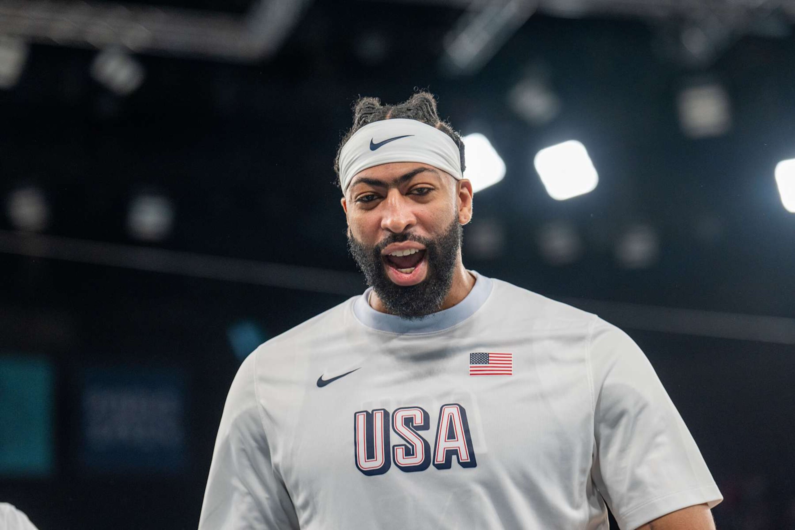 PARIS, FRANCE - AUGUST 10: Anthony Davis of Team USA gestures during Men's Gold Medal game between Team France and Team United States on day fifteen of the Olympic Games Paris 2024 at Bercy Arena on August 10, 2024 in Paris, France. (Photo by Aytac Unal/Anadolu via Getty Images)