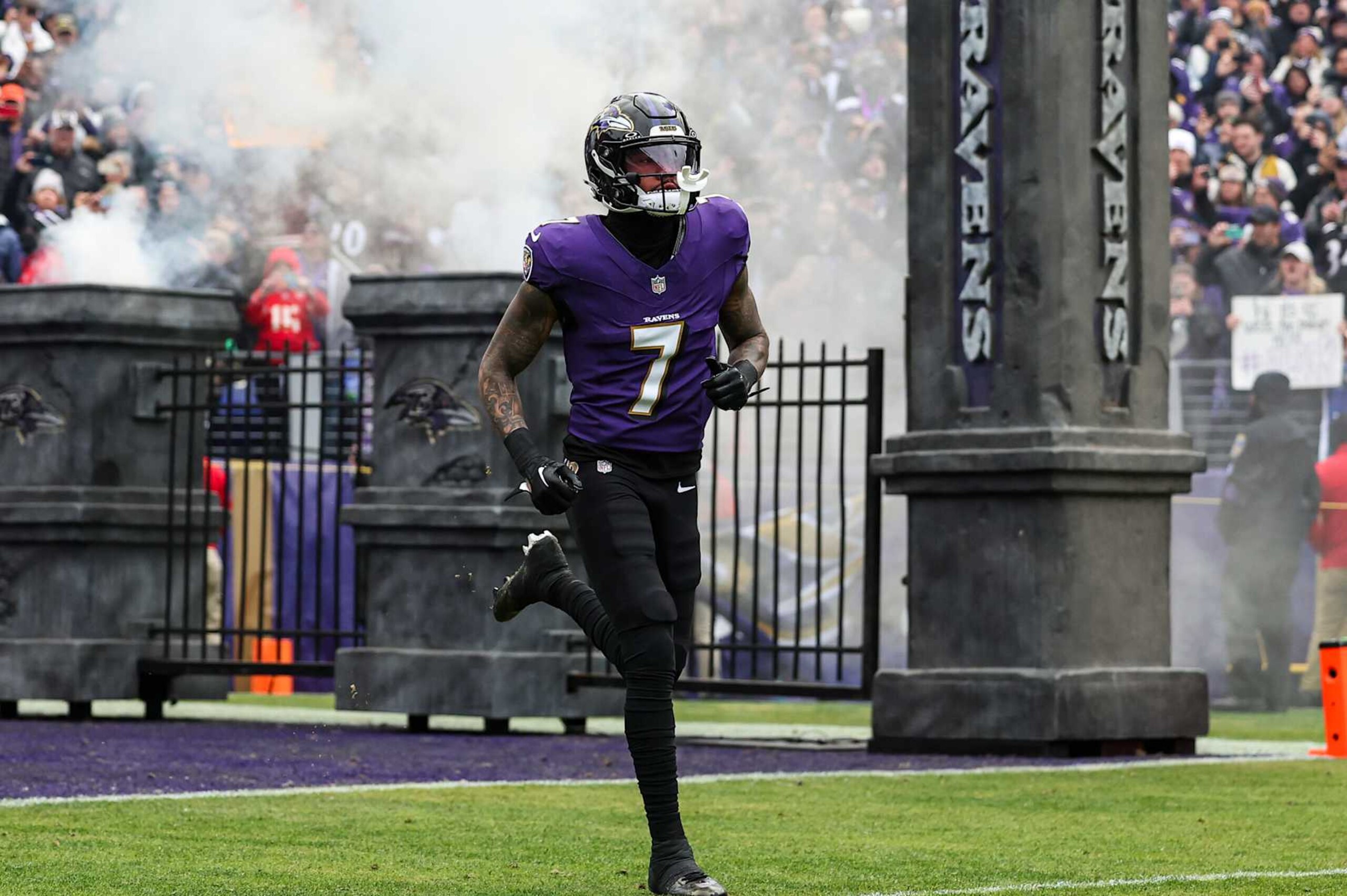 BALTIMORE, MD - JANUARY 28: Rashod Bateman #7 of the Baltimore Ravens runs out of the tunnel prior to the AFC Championship NFL football game against the Kansas City Chiefs at M&T Bank Stadium on January 28, 2024 in Baltimore, Maryland. (Photo by Perry Knotts/Getty Images)