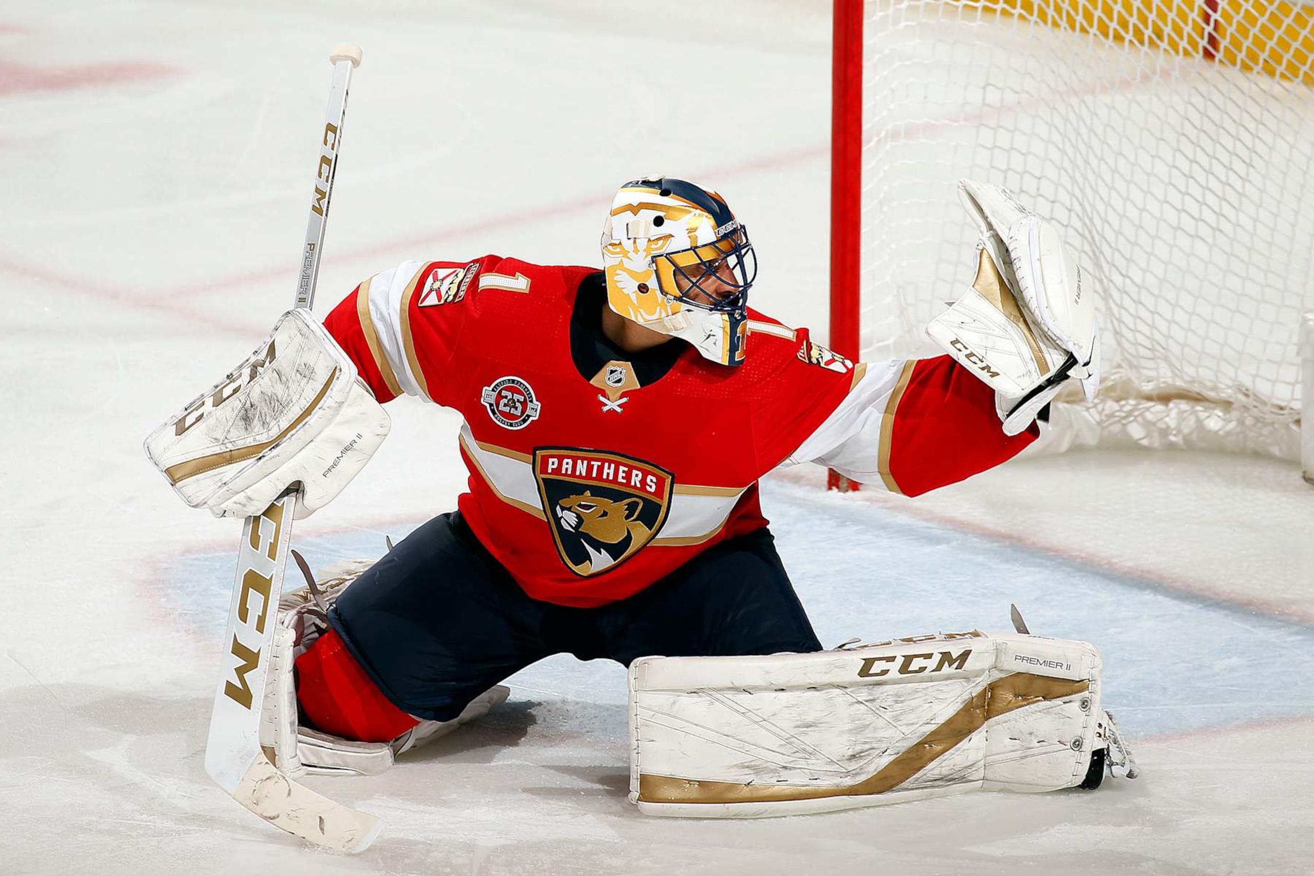 SUNRISE, FL - JANUARY 18: Goaltender Roberto Luongo #1 of the Florida Panthers makes a glove save against the Toronto Maple Leafs at the BB&T Center on January 18, 2019 in Sunrise, Florida. (Photo by Eliot J. Schechter/NHLI via Getty Images) 