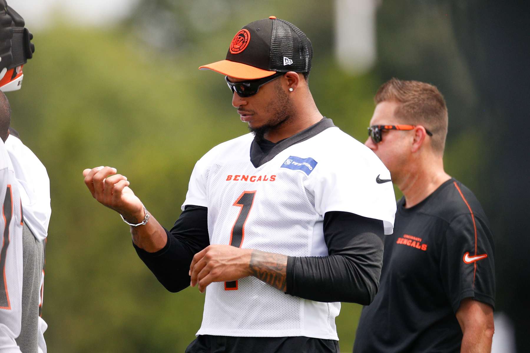 CINCINNATI, OH - JULY 29: Cincinnati Bengals wide receiver Ja'Marr Chase (1) stands on the sideline during the Cincinnati Bengals training camp at Kettering Health Practice Fields on July 29, 2024 in Cincinnati, Ohio. (Photo by Ian Johnson/Icon Sportswire via Getty Images)