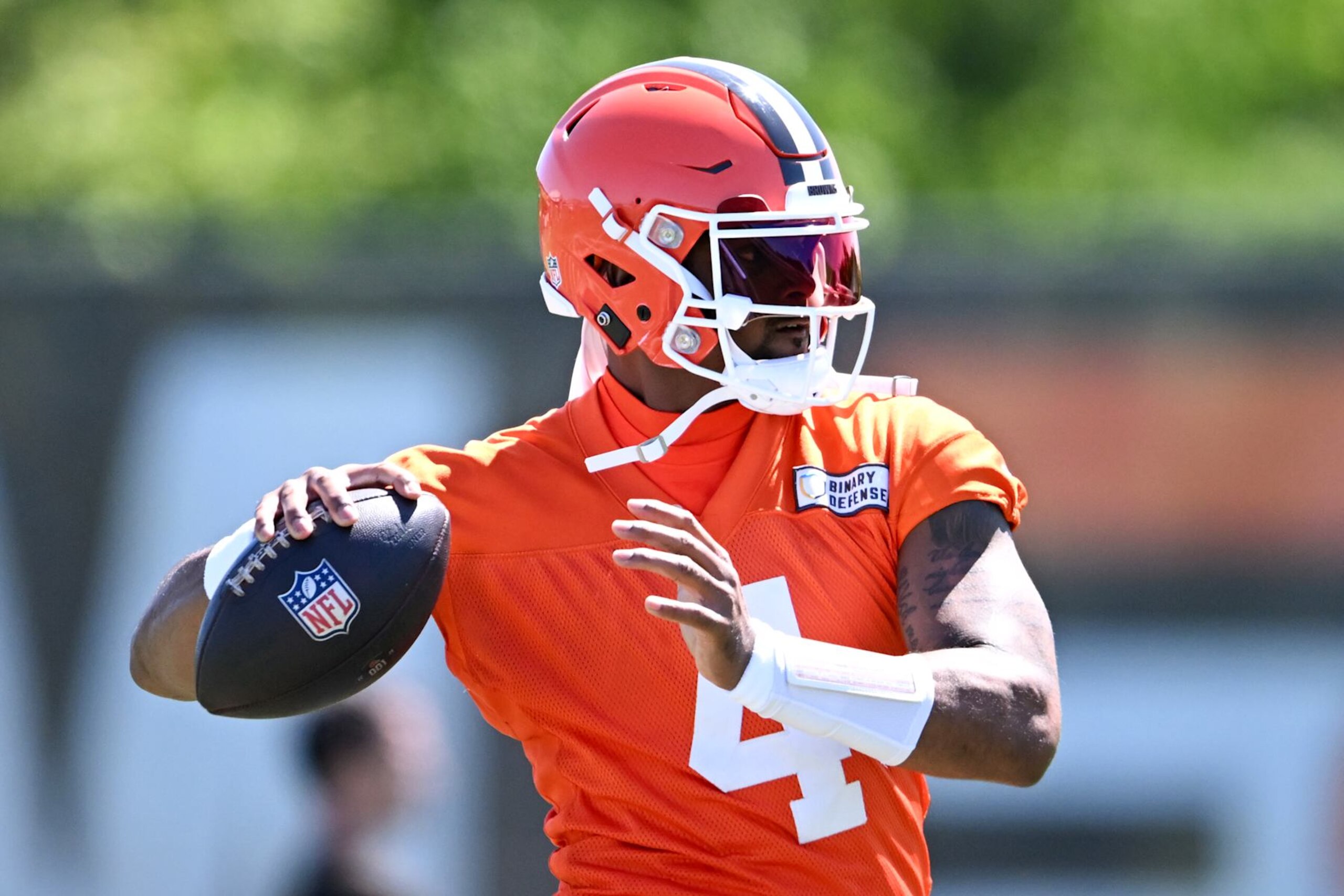 BEREA, OHIO - MAY 30: Deshaun Watson #4 of the Cleveland Browns throws a pass during an OTA offseason workout at their CrossCountry Mortgage Campus on May 30, 2024 in Berea, Ohio. (Photo by Nick Cammett/Getty Images)