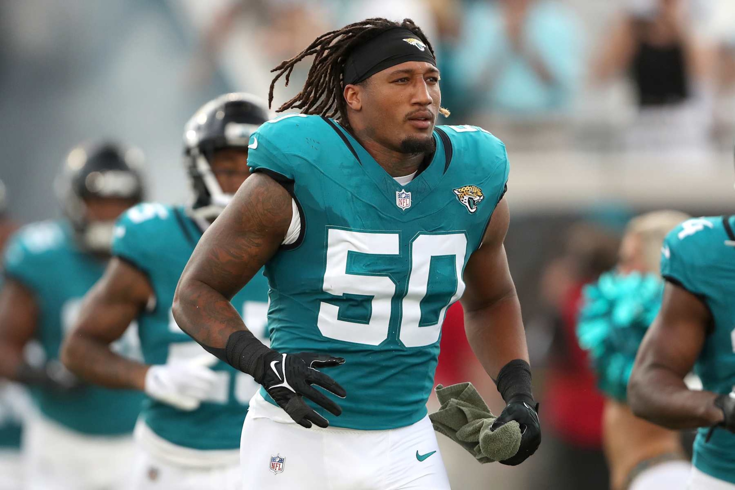 JACKSONVILLE, FLORIDA - AUGUST 10: Trevis Gipson #50 of the Jacksonville Jaguars enters the field before a preseason game against the Kansas City Chiefs at EverBank Stadium on August 10, 2024 in Jacksonville, Florida. (Photo by Courtney Culbreath/Getty Images) JACKSONVILLE, FLORIDA - AUGUST 10: Trevis Gipson #50 of the Jacksonville Jaguars enters the field before a preseason game against the Kansas City Chiefs at EverBank Stadium on August 10, 2024 in Jacksonville, Florida. (Photo by Courtney Culbreath/Getty Images)