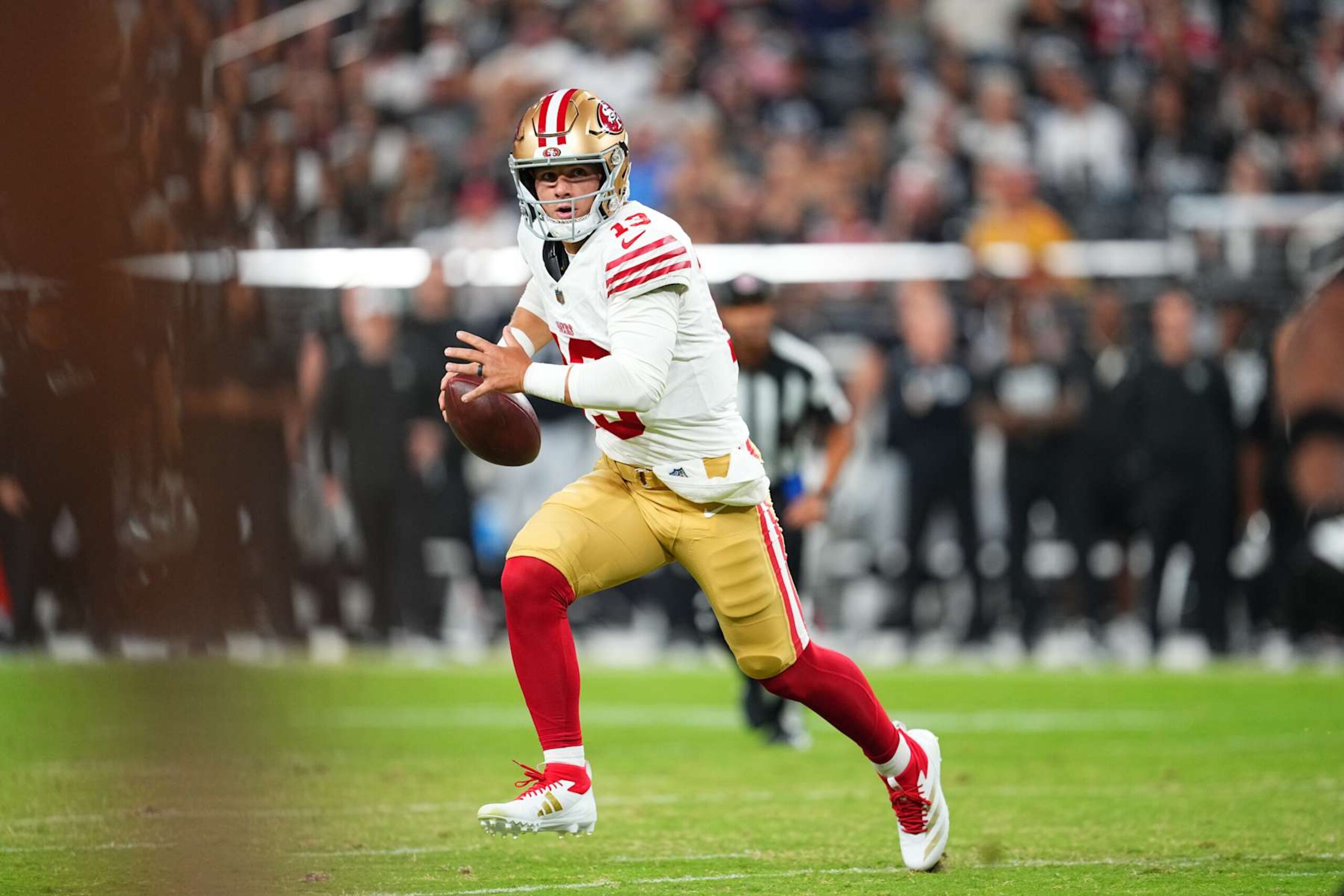 LAS VEGAS, NEVADA - AUGUST 23: Quarterback Brock Purdy #13 of the San Francisco 49ers looks to throw against the Las Vegas Raiders in the first half of a preseason game at Allegiant Stadium on August 23, 2024 in Las Vegas, Nevada. (Photo by Chris Unger/Getty Images)