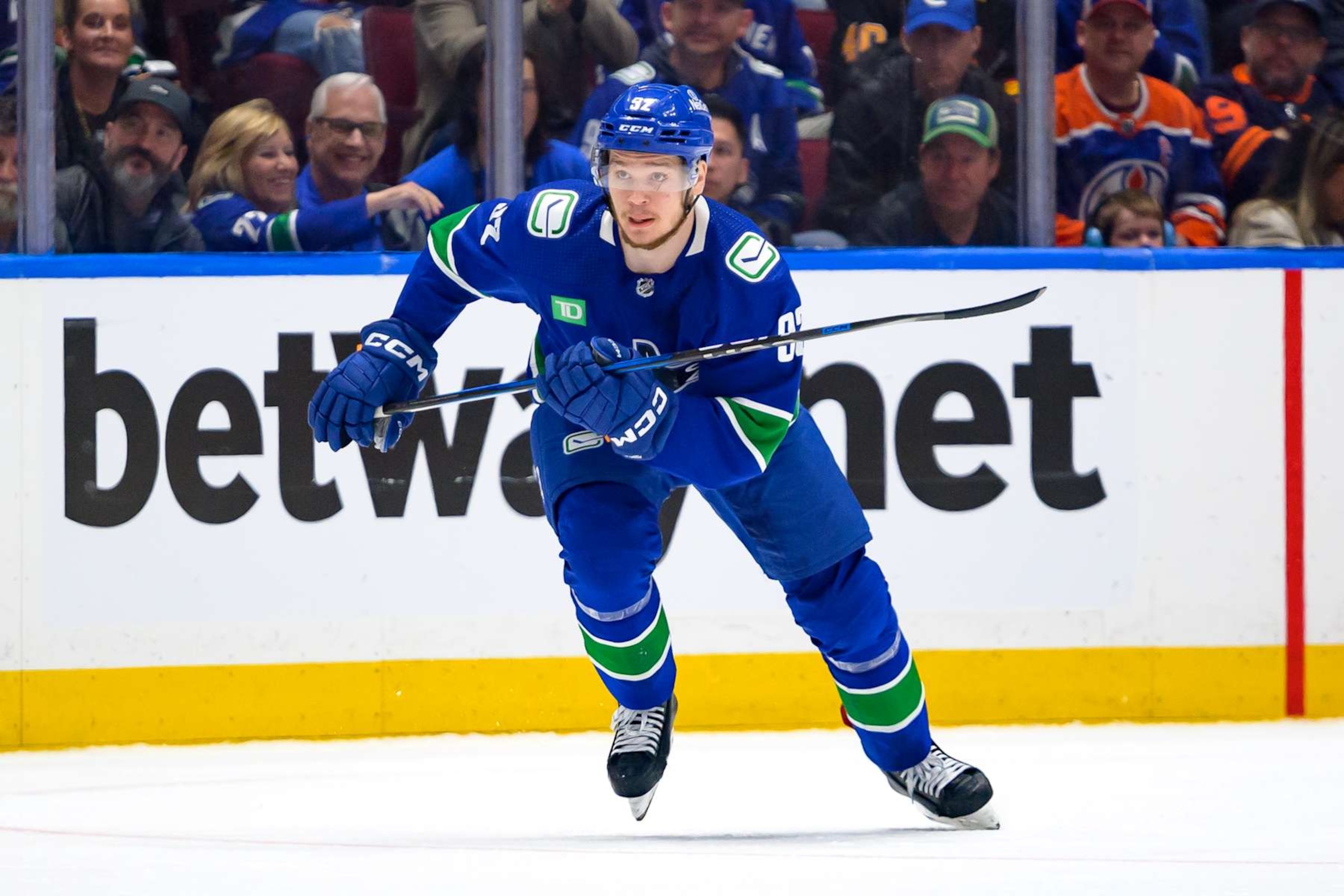 VANCOUVER, CANADA - MAY 16: Vasily Podkolzin #92 of the Vancouver Canucks skates during the second period in Game Five of the Second Round of the 2024 Stanley Cup Playoffs against the Edmonton Oilers at Rogers Arena on May 16, 2024 in Vancouver, British Columbia, Canada. (Photo by Derek Cain/Getty Images)