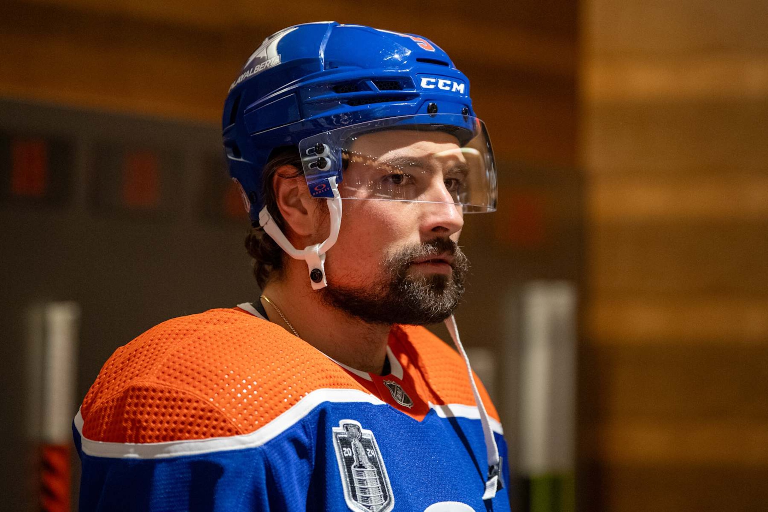 EDMONTON, CANADA - JUNE 15: Cody Ceci #5 of the Edmonton Oilers prepares for warm ups ahead of Game Four of the 2024 Stanley Cup Final against the Florida Panthers at Rogers Place on June 15, 2024, in Edmonton, Alberta, Canada. (Photo by Andy Devlin/NHLI via Getty Images)