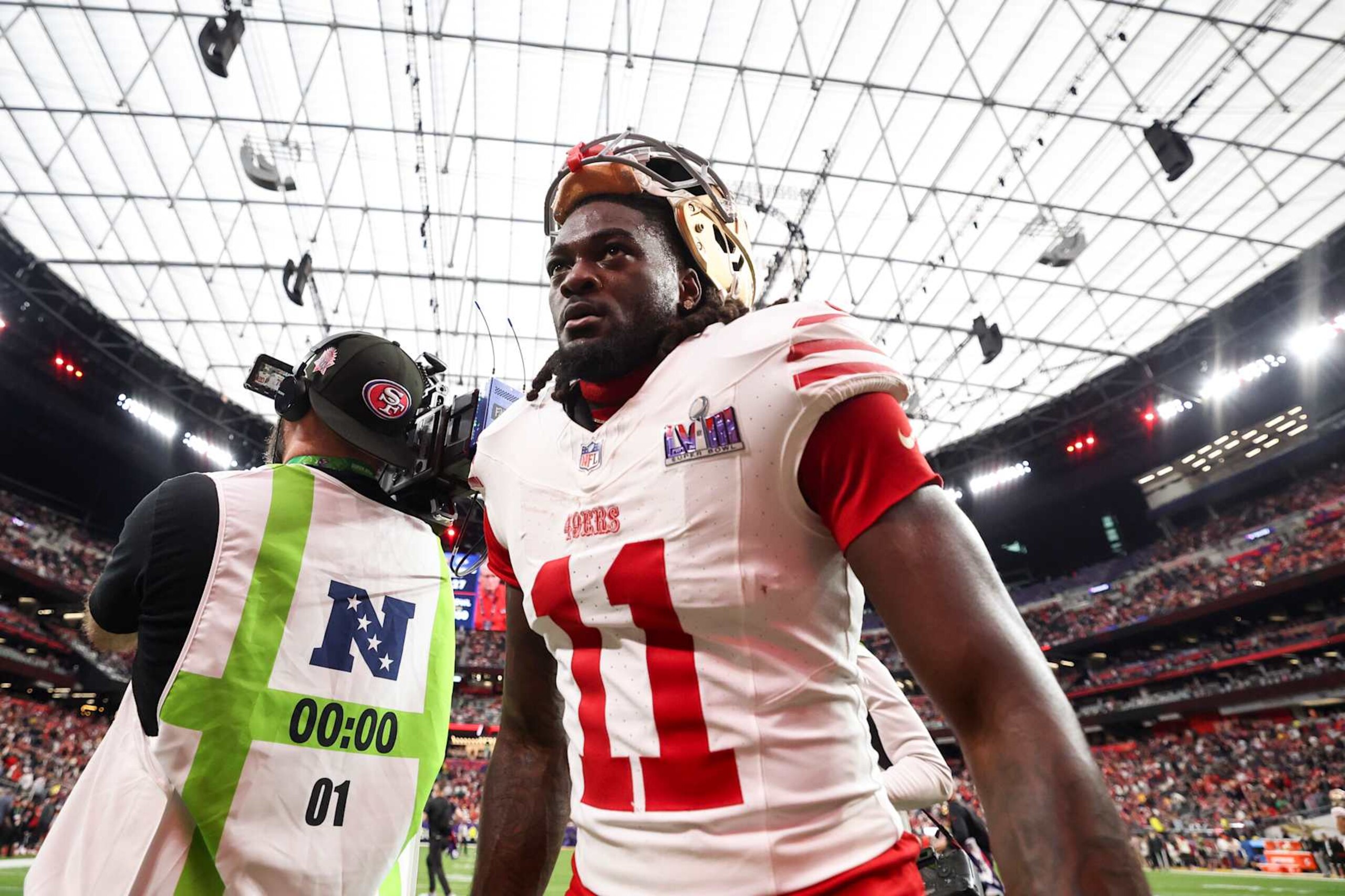 LAS VEGAS, NV - FEBRUARY 11: Brandon Aiyuk #11 of the San Francisco 49ers heads to the locker room prior to Super Bowl LVIII against the Kansas City Chiefs at Allegiant Stadium on February 11, 2024 in Las Vegas, NV. (Photo by Perry Knotts/Getty Images) LAS VEGAS, NV - FEBRUARY 11: Brandon Aiyuk #11 of the San Francisco 49ers heads to the locker room prior to Super Bowl LVIII against the Kansas City Chiefs at Allegiant Stadium on February 11, 2024 in Las Vegas, NV. (Photo by Perry Knotts/Getty Images)