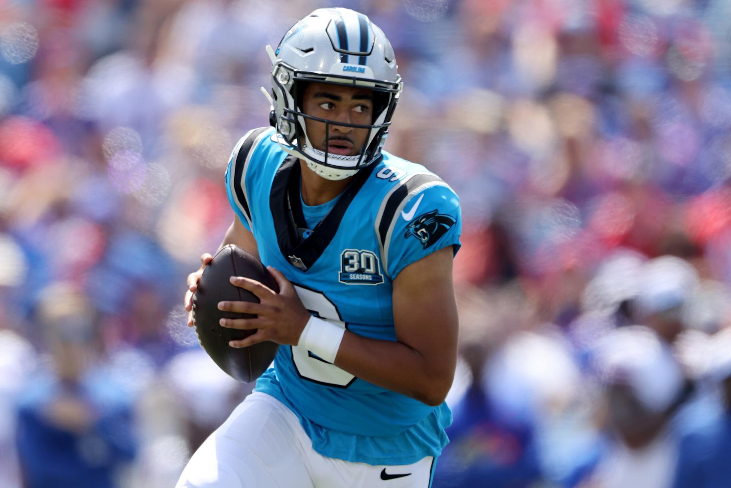ORCHARD PARK, NEW YORK - AUGUST 24: Bryce Young #9 of the Carolina Panthers looks to pass during the first quarter of a preseason game against the Buffalo Bills at Highmark Stadium on August 24, 2024 in Orchard Park, New York. (Photo by Bryan M. Bennett/Getty Images) ORCHARD PARK, NEW YORK - AUGUST 24: Bryce Young #9 of the Carolina Panthers looks to pass during the first quarter of a preseason game against the Buffalo Bills at Highmark Stadium on August 24, 2024 in Orchard Park, New York. (Photo by Bryan M. Bennett/Getty Images)