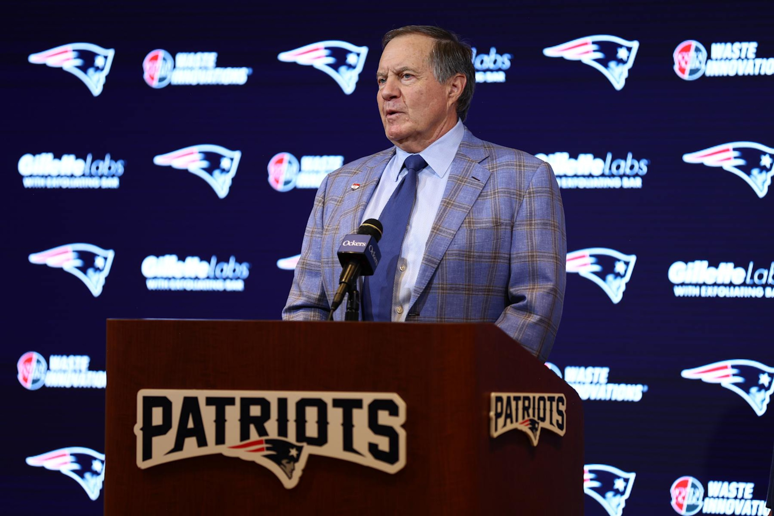 FOXBOROUGH, MASSACHUSETTS - JANUARY 11: Head coach Bill Belichick of the New England Patriots speaks to the media during a press conference at Gillette Stadium on January 11, 2024 in Foxborough, Massachusetts. Belichick announced he is stepping down as head coach after 24 seasons with the team. (Photo by Maddie Meyer/Getty Images)