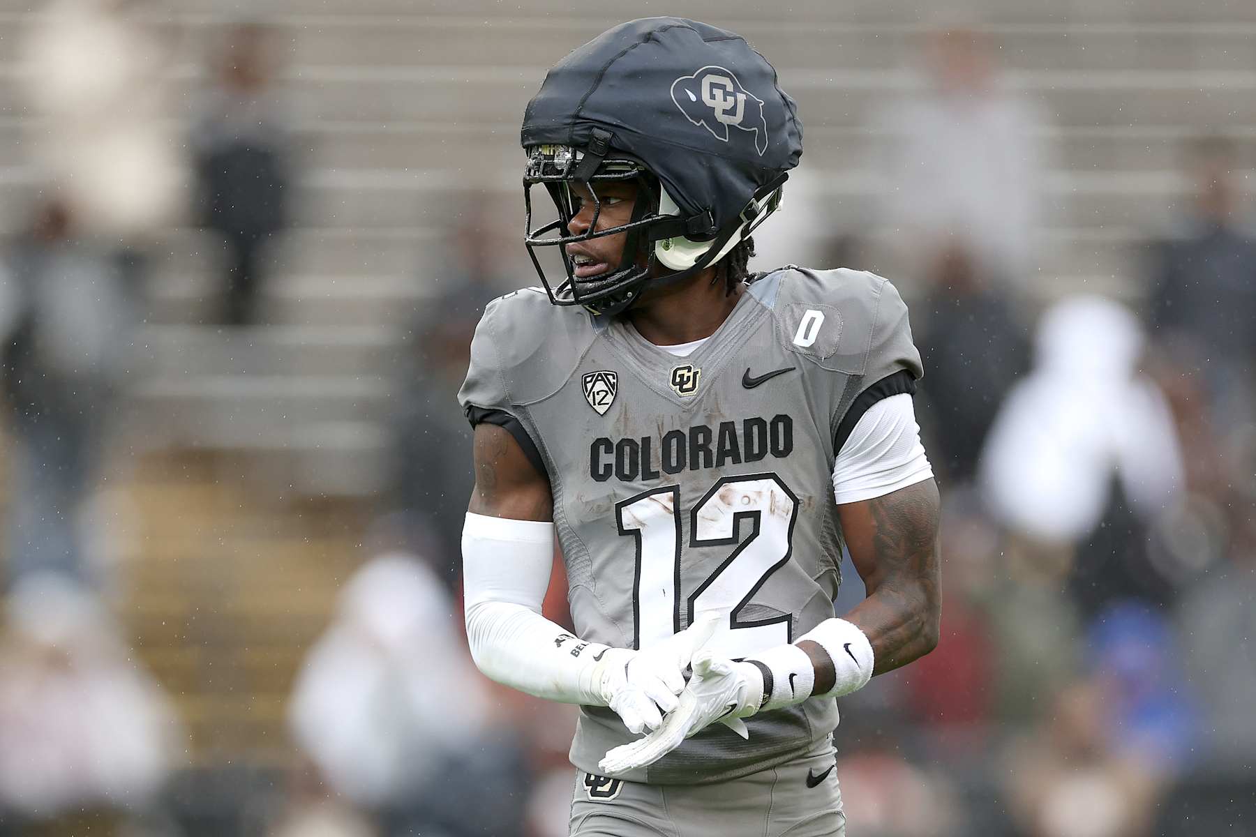 BOULDER, COLORADO - APRIL 27: Travis Hunter #12 of the Colorado Buffaloes warms-up prior to their spring game at Folsom Field on April 27, 2024 in Boulder, Colorado.  (Photo by Matthew Stockman/Getty Images)