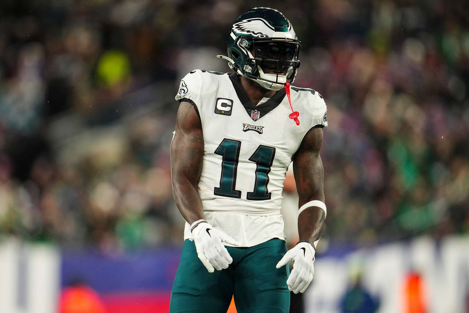 EAST RUTHERFORD, NJ - JANUARY 07: A.J. Brown #11 of the Philadelphia Eagles lines up during an NFL football game against the New York Giants at MetLife Stadium on January 7, 2024 in East Rutherford, New Jersey. (Photo by Cooper Neill/Getty Images)