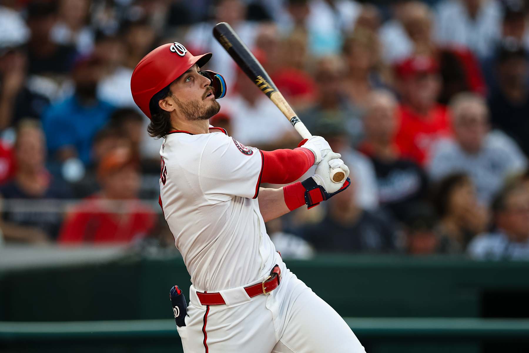 WASHINGTON, DC - AUGUST 26: Dylan Crews #3 of the Washington Nationals flies out in his major league debut against the New York Yankees in the first inning at Nationals Park on August 26, 2024 in Washington, DC. (Photo by Scott Taetsch/Getty Images)
