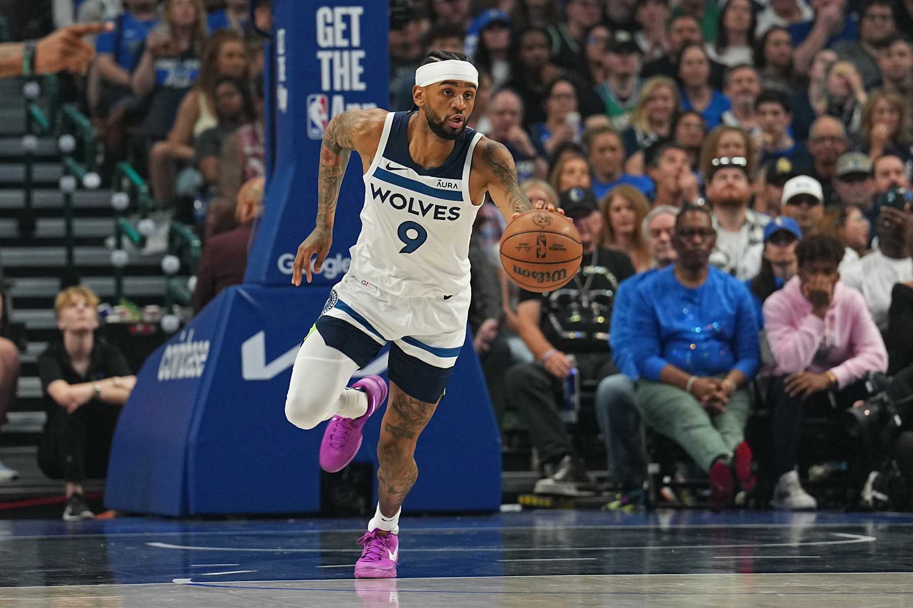 DALLAS, TX - MAY 26: Nickeil Alexander-Walker #9 of the Minnesota Timberwolves dribbles the ball during the game against the Dallas Mavericks during Game 3 of the Western Conference Finals of the 2024 NBA Playoffs on May 26, 2024 at the American Airlines Center in Dallas, Texas. NOTE TO USER: User expressly acknowledges and agrees that, by downloading and or using this photograph, User is consenting to the terms and conditions of the Getty Images License Agreement. Mandatory Copyright Notice: Copyright 2024 NBAE (Photo by Glenn James/NBAE via Getty Images)